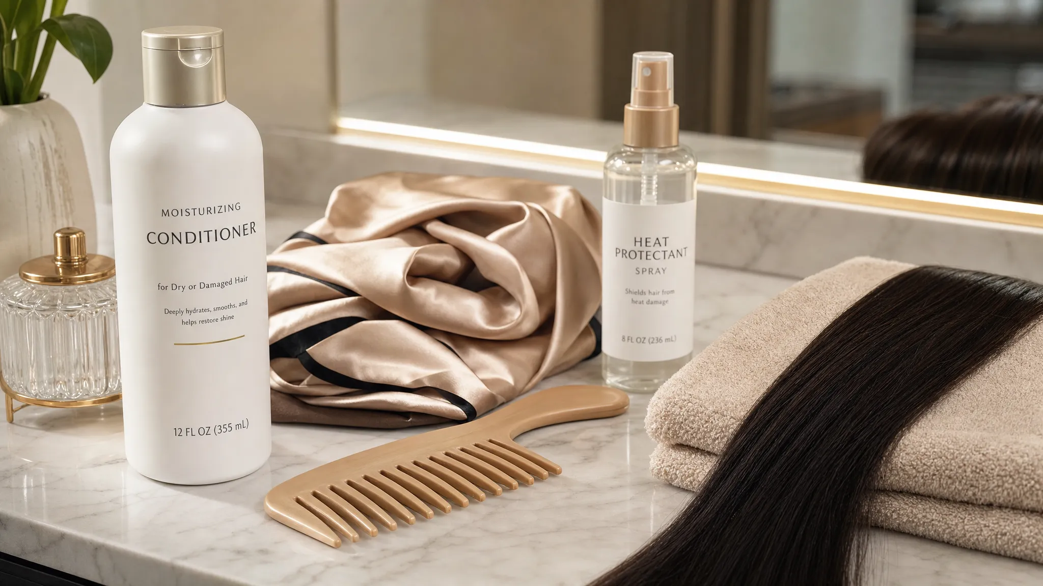 A clean salon vanity with a moisturizing conditioner, wide tooth comb, satin scarf, heat protectant spray, and a soft towel arranged beside smooth relaxed hair strands.