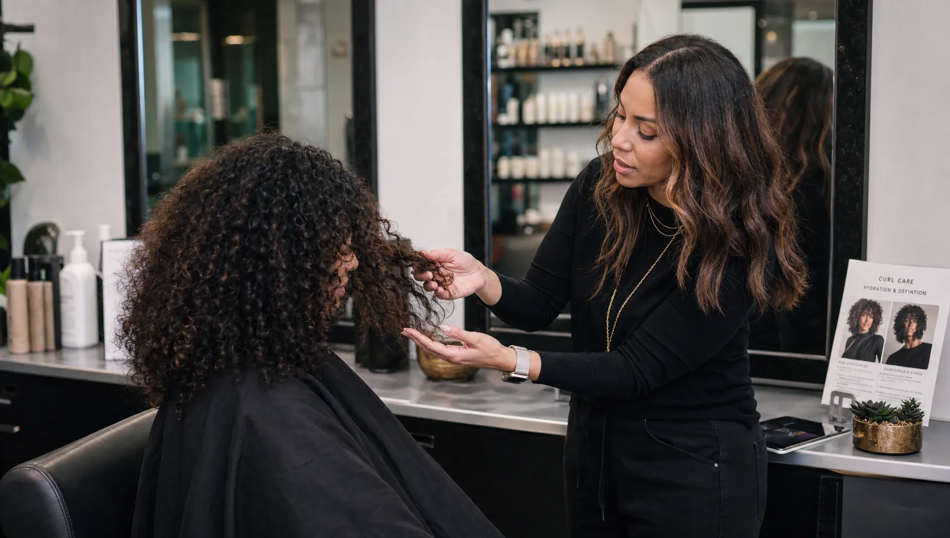 A textured hair consultation at a styling station in a modern salon, with a stylist gently examining a client’s curls and ends while discussing hair goals, products, and maintenance options.