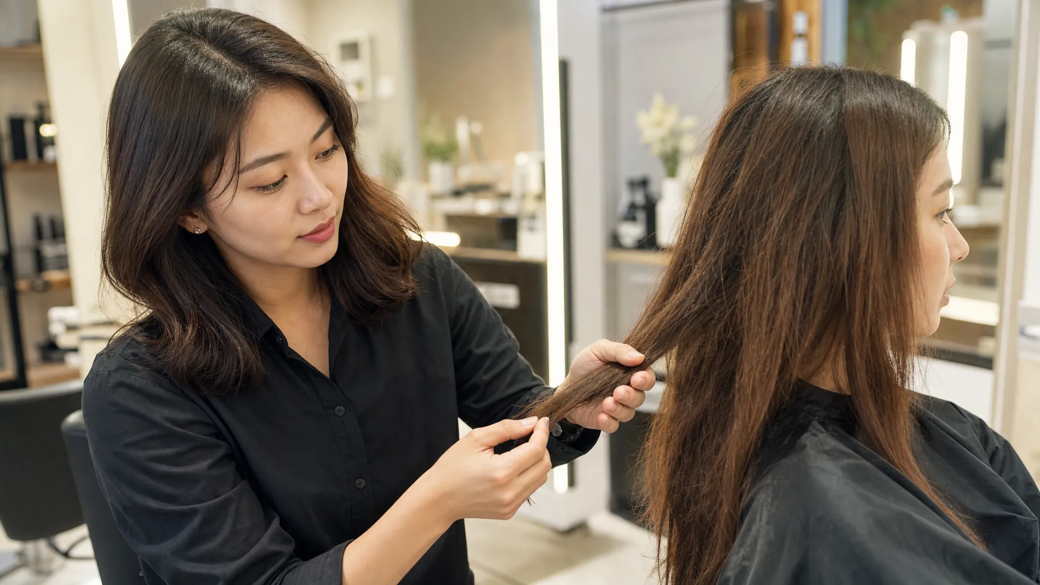 A stylist gently examines a client's hair strands under salon lighting, checking texture, ends, and scalp condition before recommending a repair treatment.