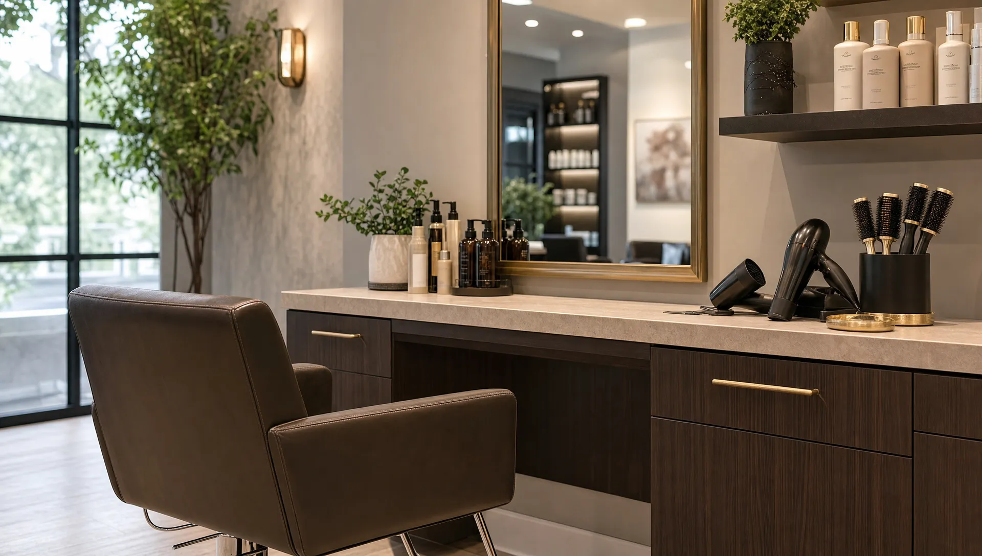 A polished hair salon station with styling tools, conditioning products, a salon chair, and soft natural lighting in a calm upscale treatment area.