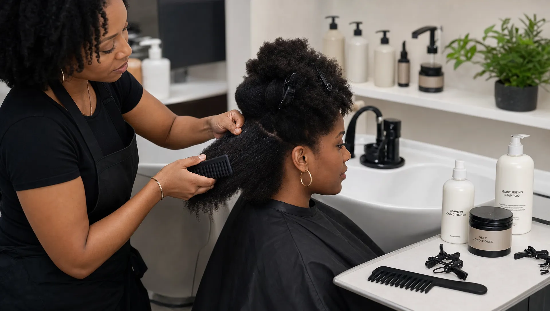 A stylist gently detangles coily natural hair in sections at a clean shampoo area with moisturizing products, clips, and a wide-tooth comb nearby, with the client seated beside the wash basin.