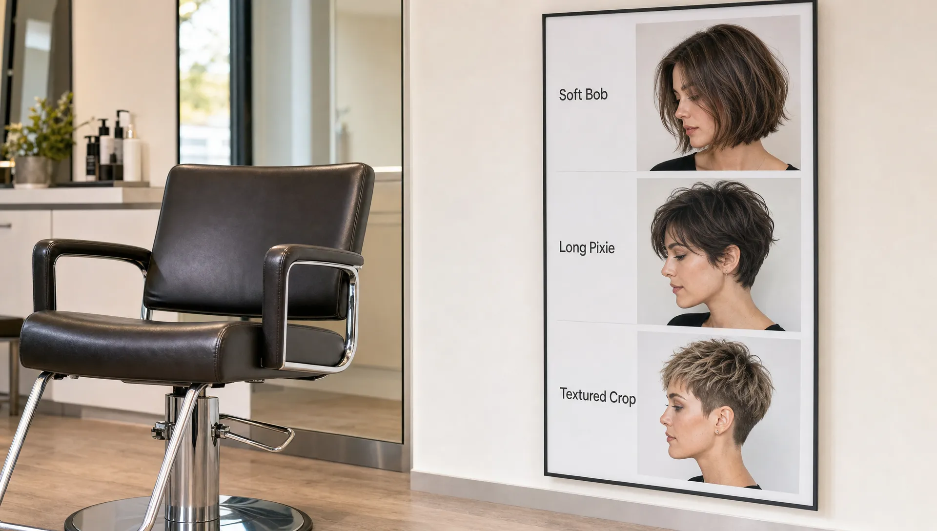 A styling chair sits beside short layered haircut examples, including a soft bob, long pixie and textured crop.