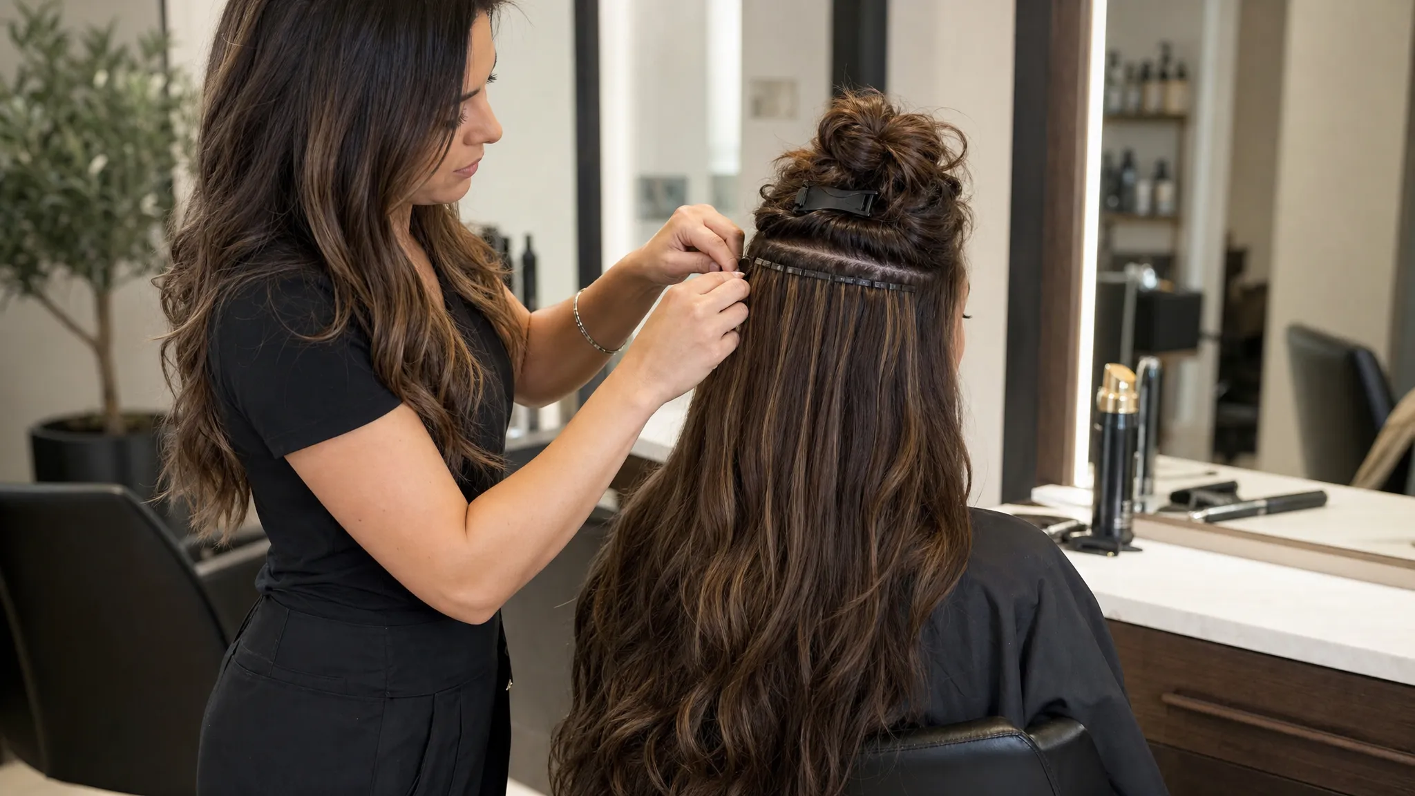 A stylist blending long hair extensions into a client's natural hair, showing added length and fullness with a smooth polished finish.