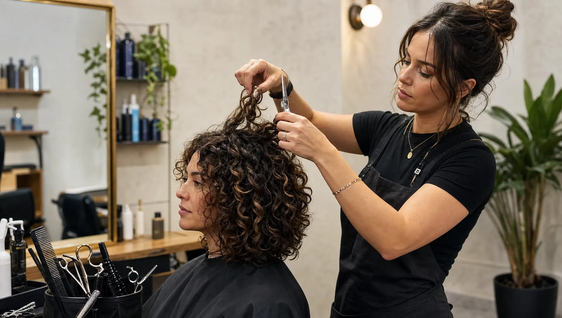 An adult stylist lifts defined curls while shaping a haircut, with combs, clips, and shears nearby in a salon.