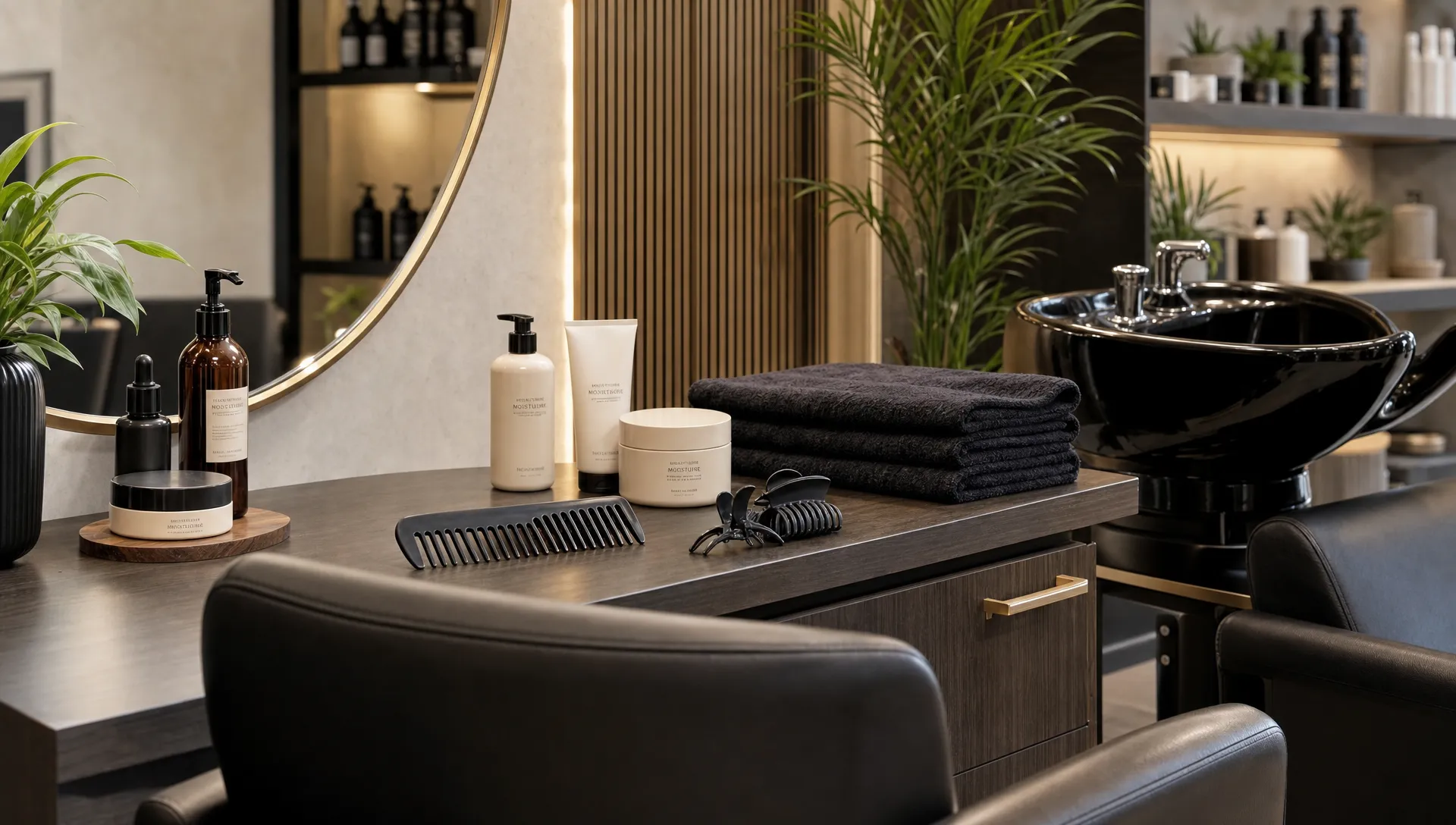 A clean luxury salon station with textured hair care tools, a stylist chair, moisturizing products, a wide-tooth comb, clips, and neatly folded towels arranged on a counter beside a shampoo bowl for a healthy Black hair consultation.