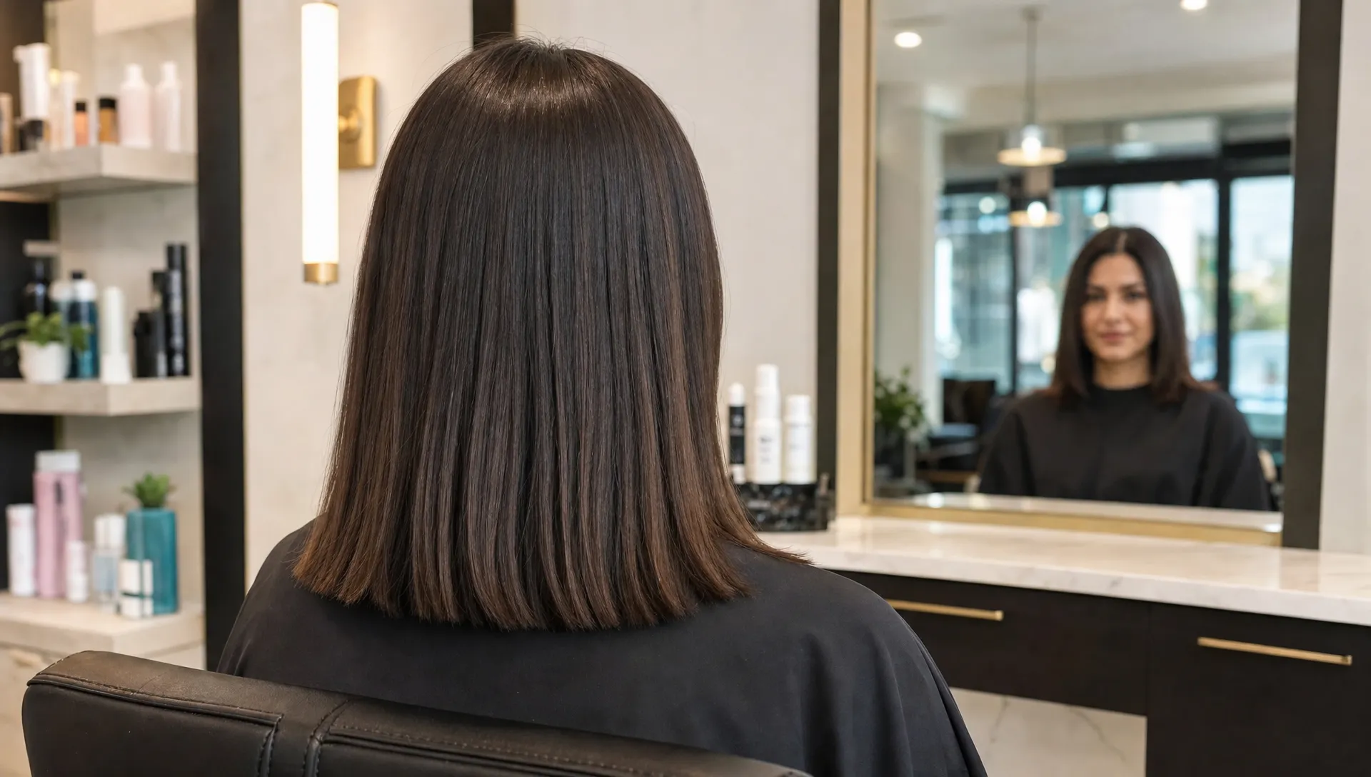 A polished shoulder-length blunt haircut with smooth ends and a clean perimeter framing the neckline in a salon setting.
