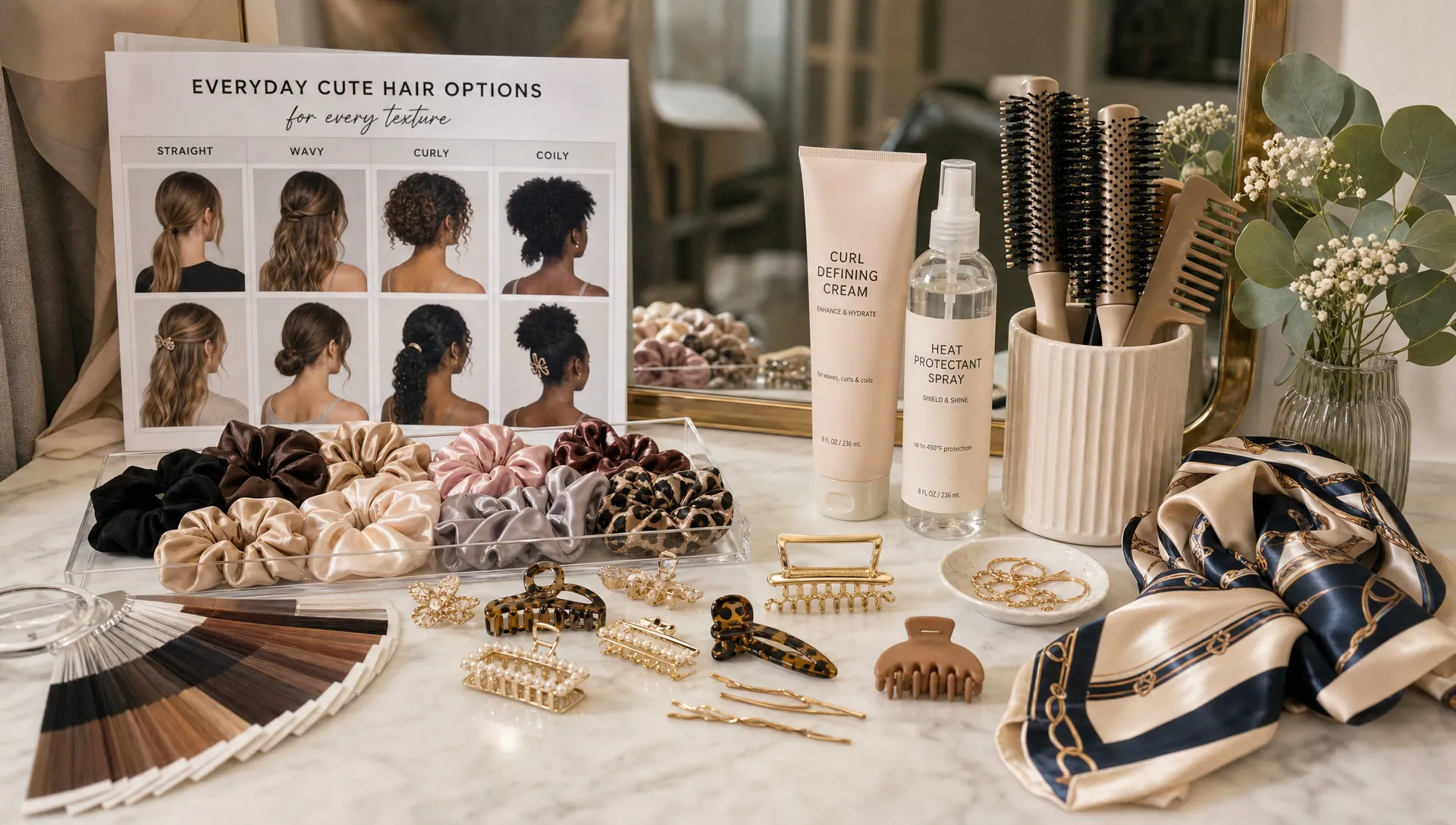 A salon vanity arranged with satin scrunchies, decorative hair clips, a silk scarf, styling brushes, curl cream, heat protectant, and color swatches beside a mirror, showing everyday cute hair options for different textures.