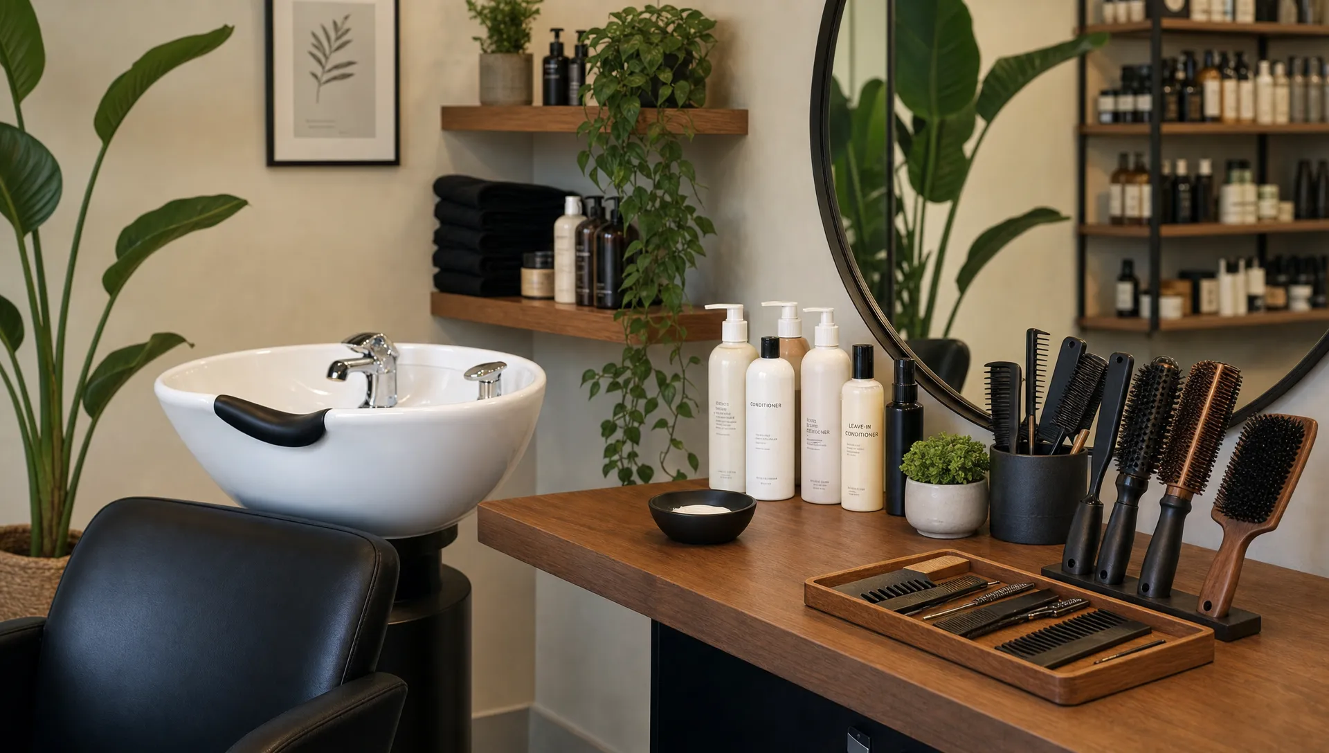 A modern natural hair salon wash station with a shampoo bowl, neatly arranged combs, brushes, conditioning products, and textured hair care tools beside a large mirror. The space feels clean, calm, and prepared for a personalized hair appointment.