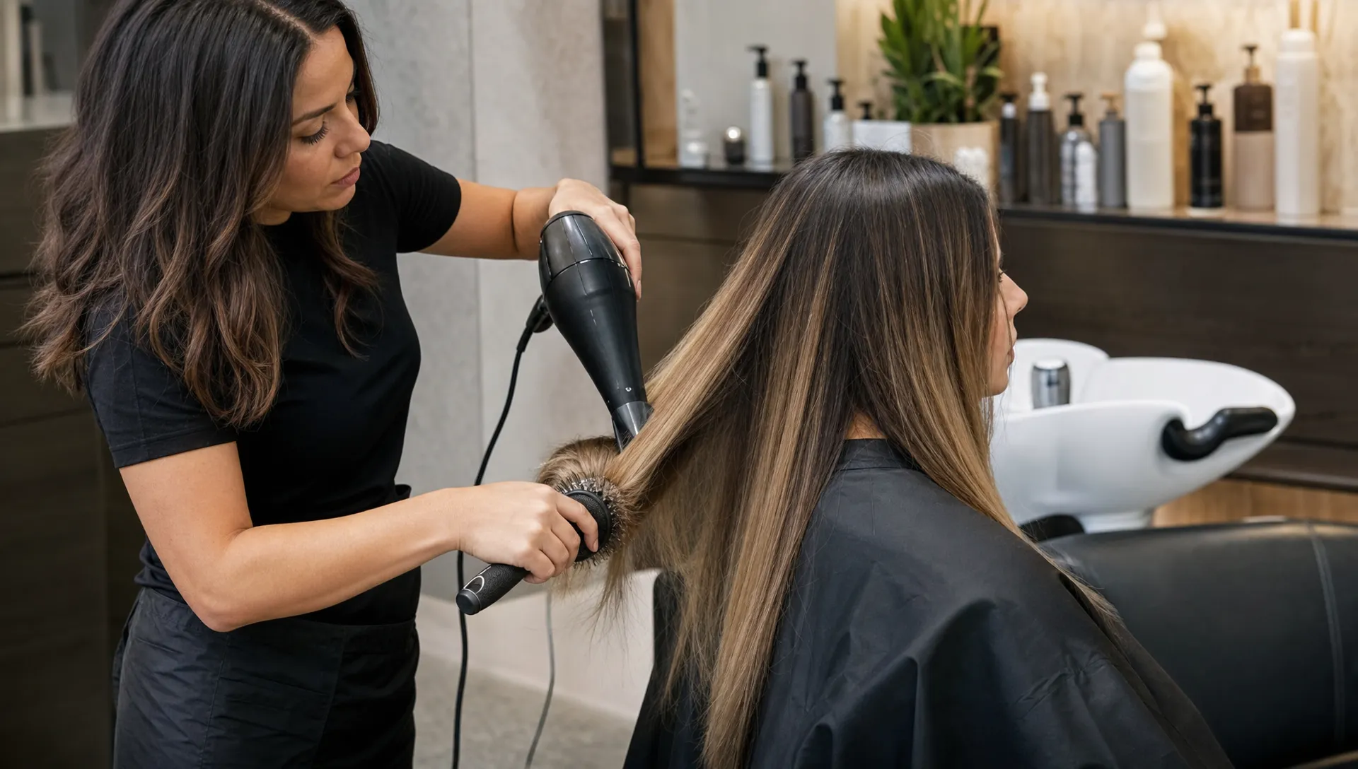 A stylist uses a round brush and dryer to smooth long hair at a salon wash station.