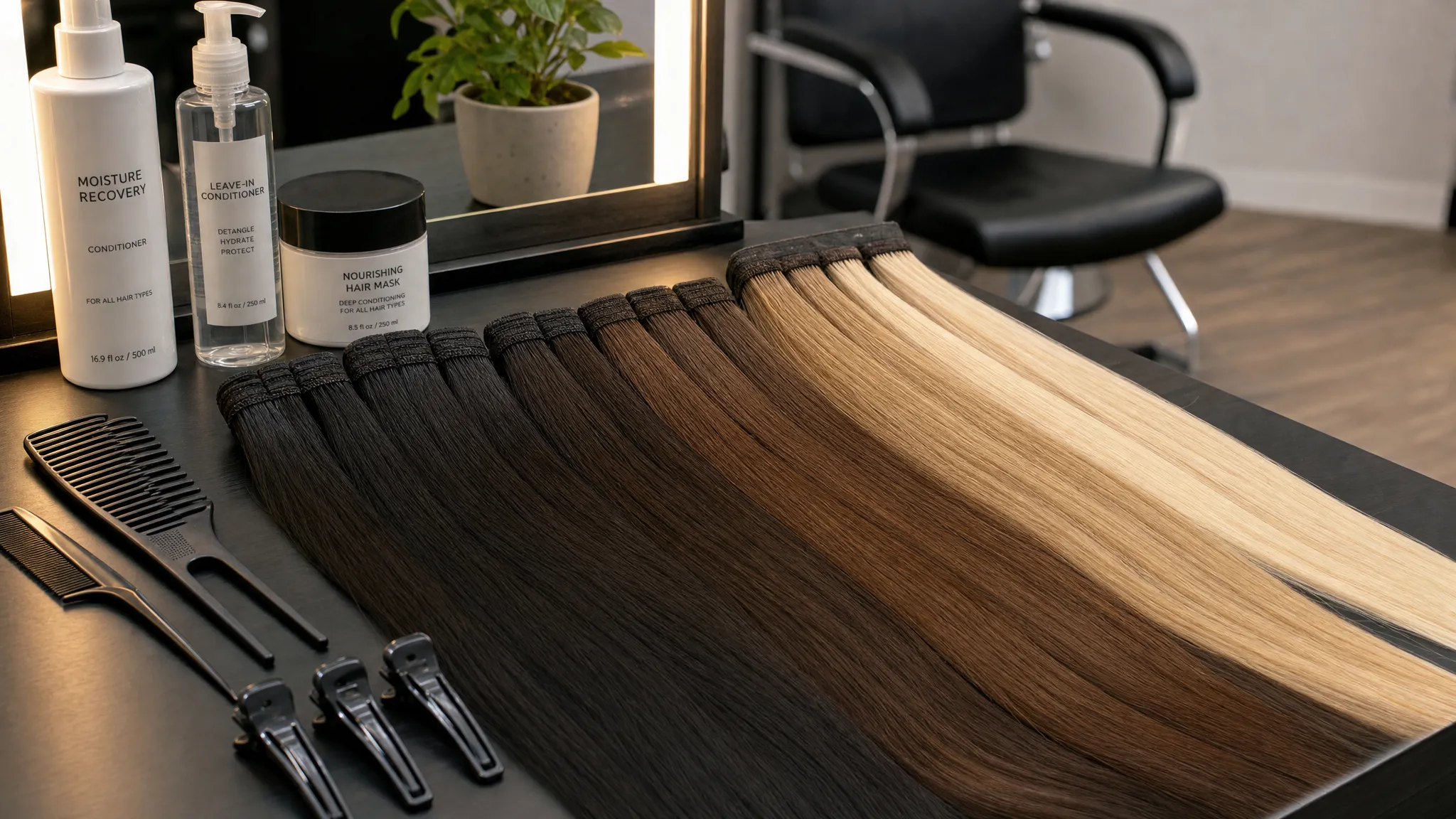 A close-up indoor scene of neatly arranged hair extension wefts in several natural shades beside combs, clips, and conditioning products on a clean salon station, with a styling chair softly visible in the background.