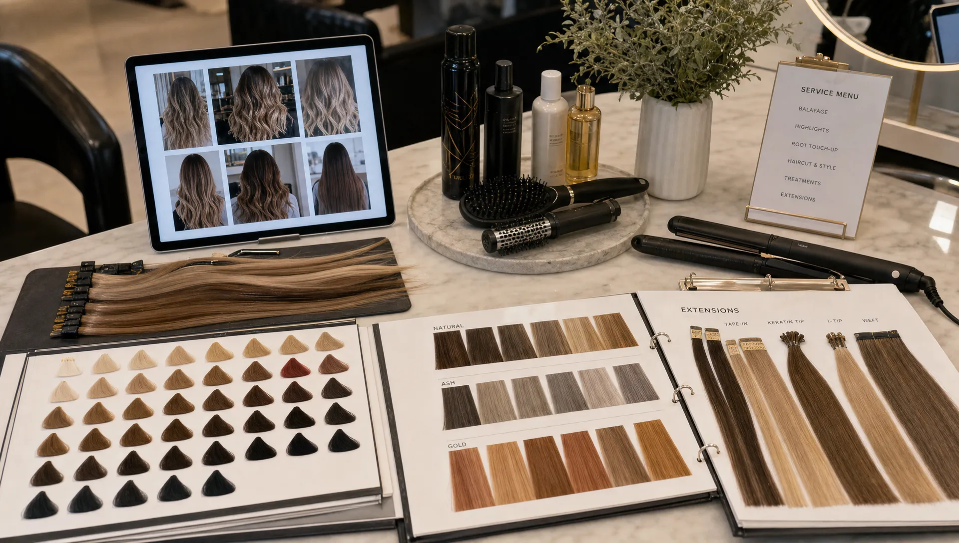 A salon consultation table holds color swatches, extension samples, styling tools, and an inspiration board for comparing services before booking.
