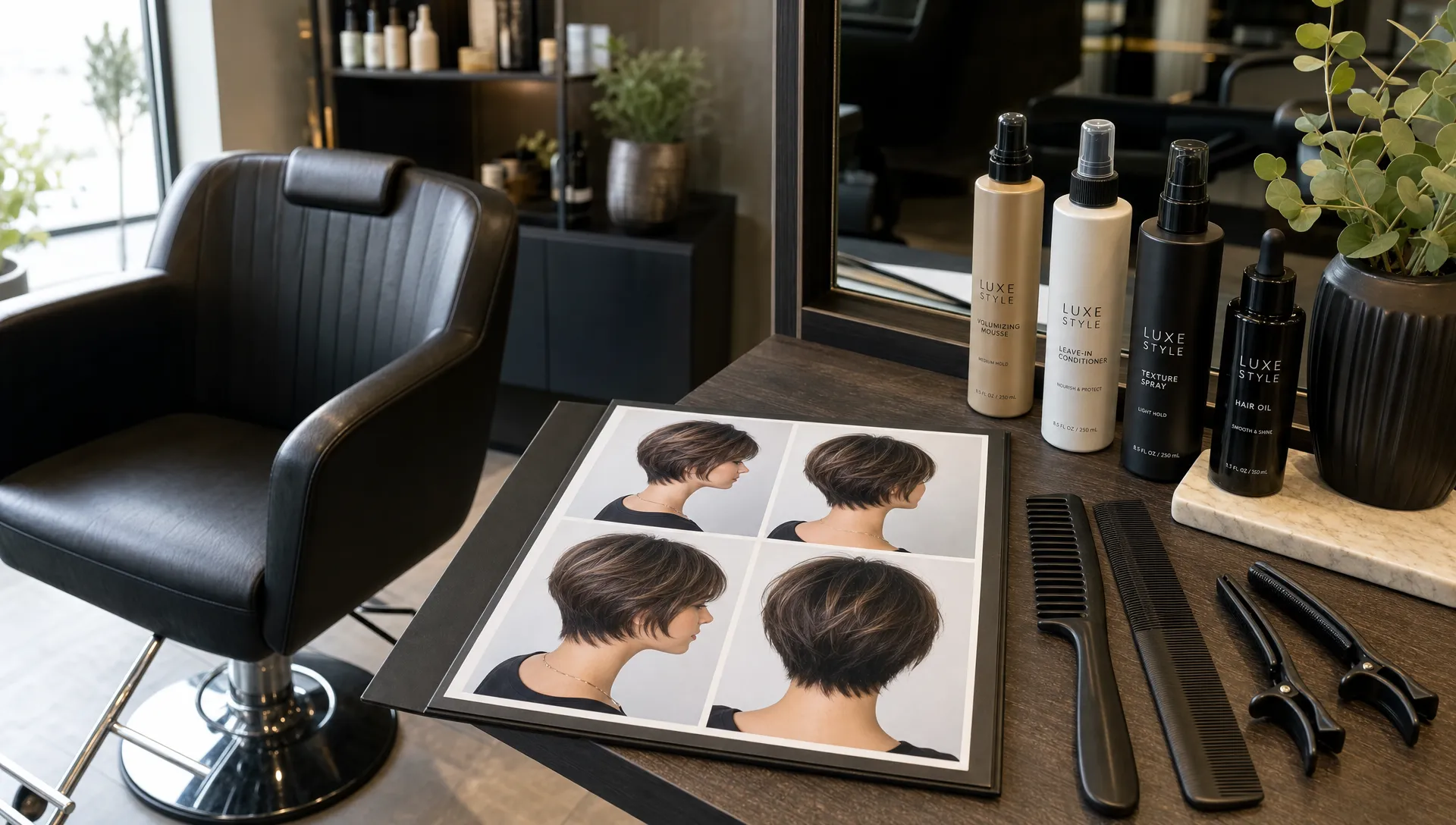 A salon chair sits beside short haircut inspiration photos, styling combs, and premium hair products arranged for a layered hairstyle consultation.