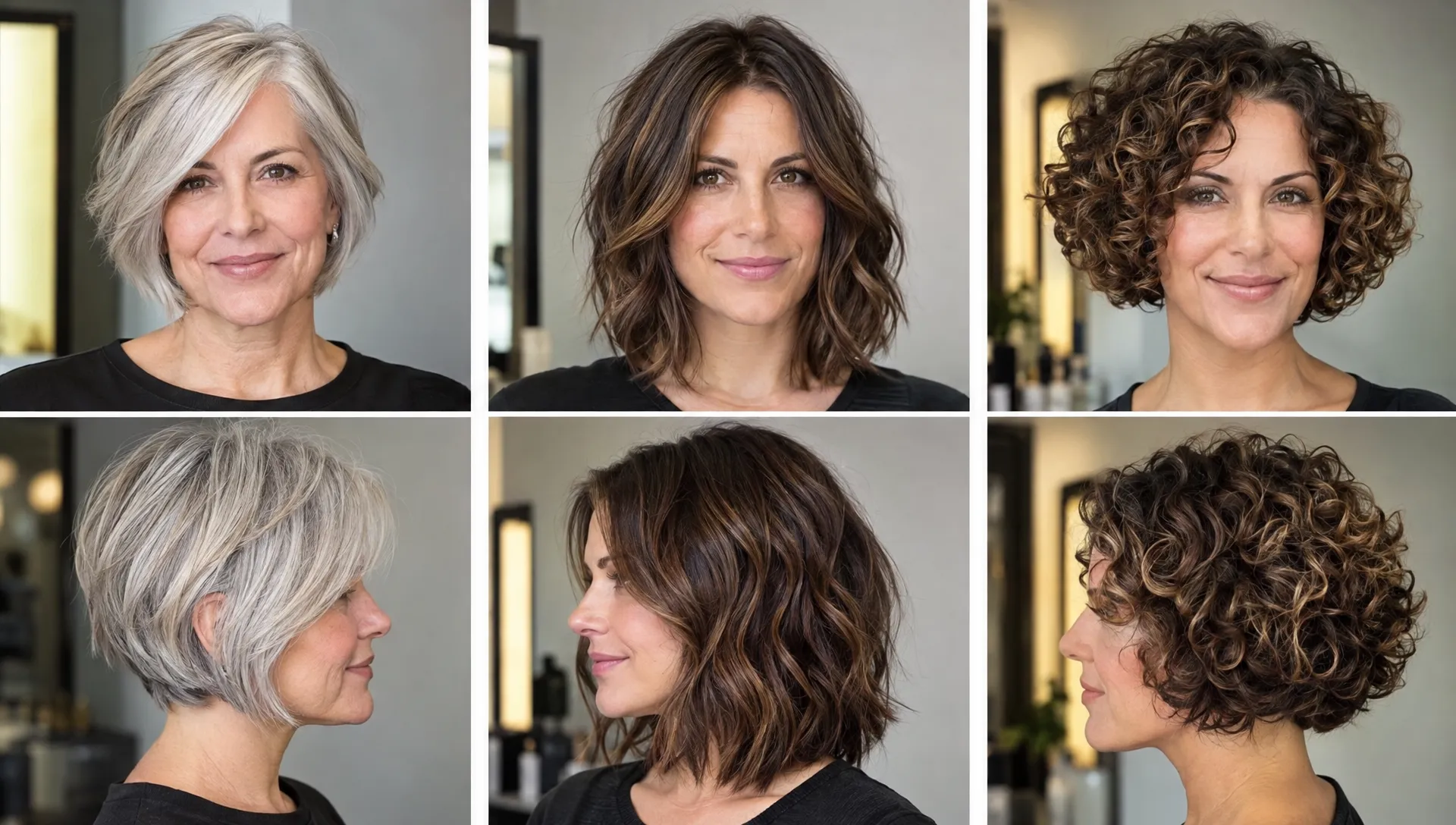 Three adult clients show layered bob options from front and side: a silver jaw-length cut, a brunette collarbone bob with loose waves, and a rounded curly bob with a defined outline.