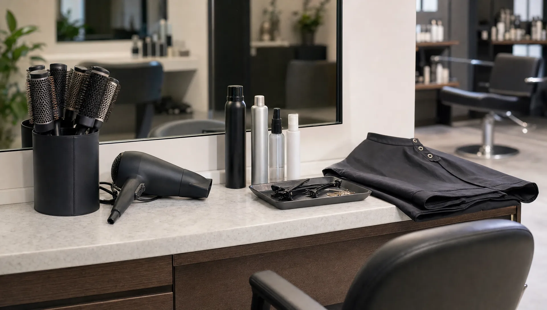 A blowout styling station holds round brushes, a blow dryer, smoothing products, clips, and a cape on a clean salon counter.
