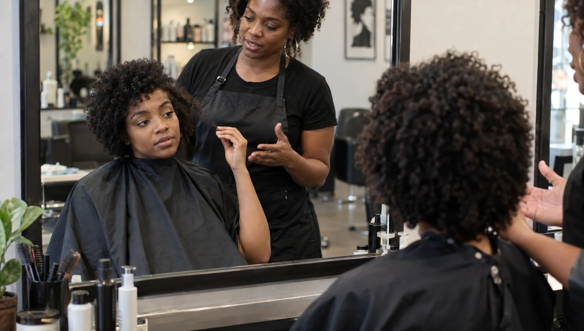 In a salon mirror, a client compares the resting coils at the sides with one gently extended section as the stylist discusses shrinkage and the planned haircut.