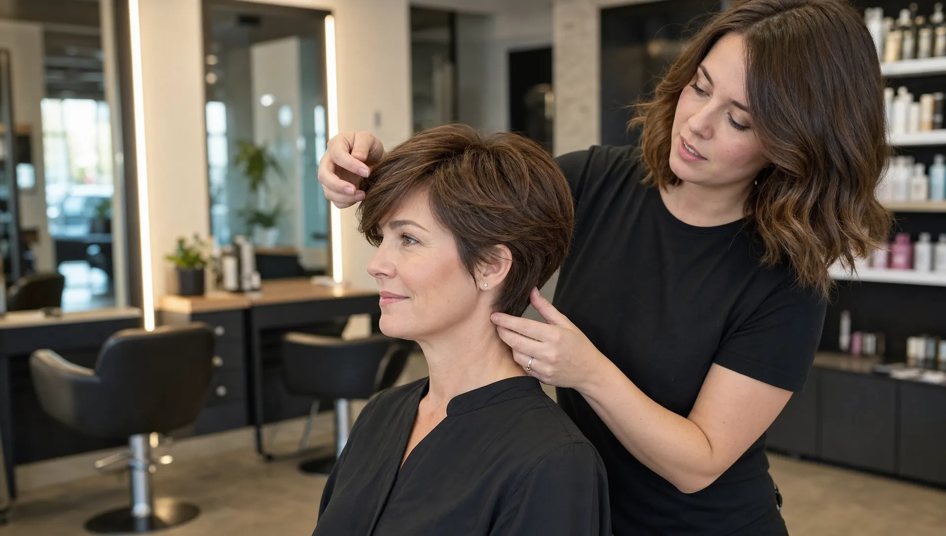 A salon client with a soft long pixie cut sits in a modern chair while the stylist shows the side-swept fringe and tapered neckline.