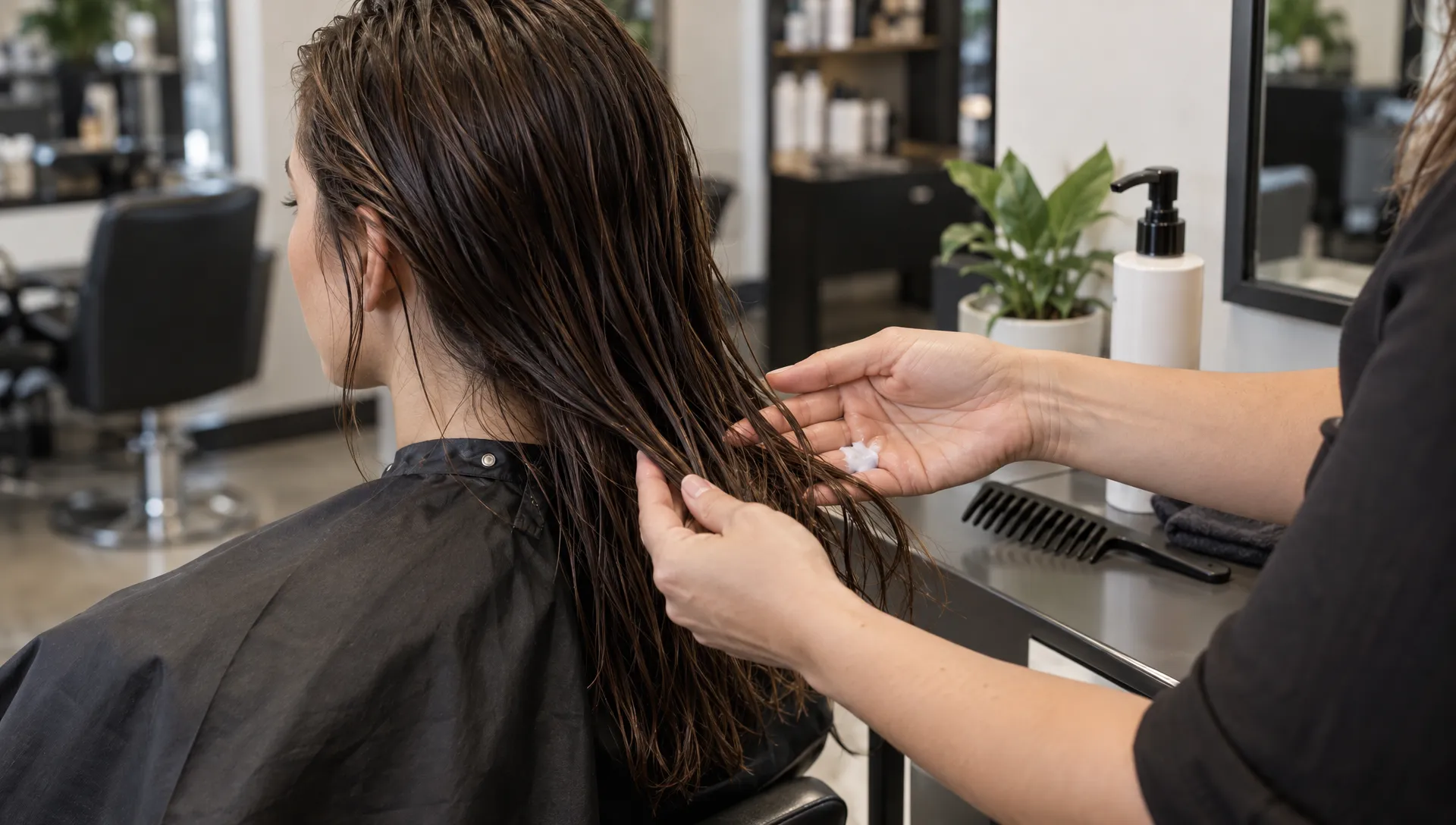 A stylist distributes a small amount of leave-in conditioner through damp hair ends beside a wide-tooth comb and pump bottle at a salon station.