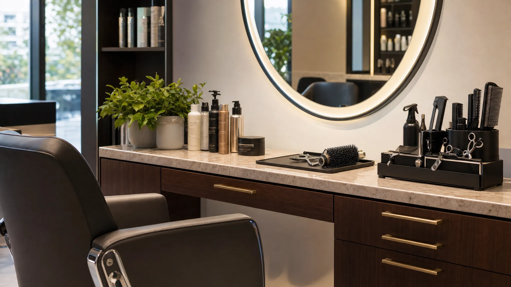 A close-up view of a polished salon station with a styling chair just beside the frame, organized professional tools, premium hair products on the counter, and a calm upscale atmosphere.