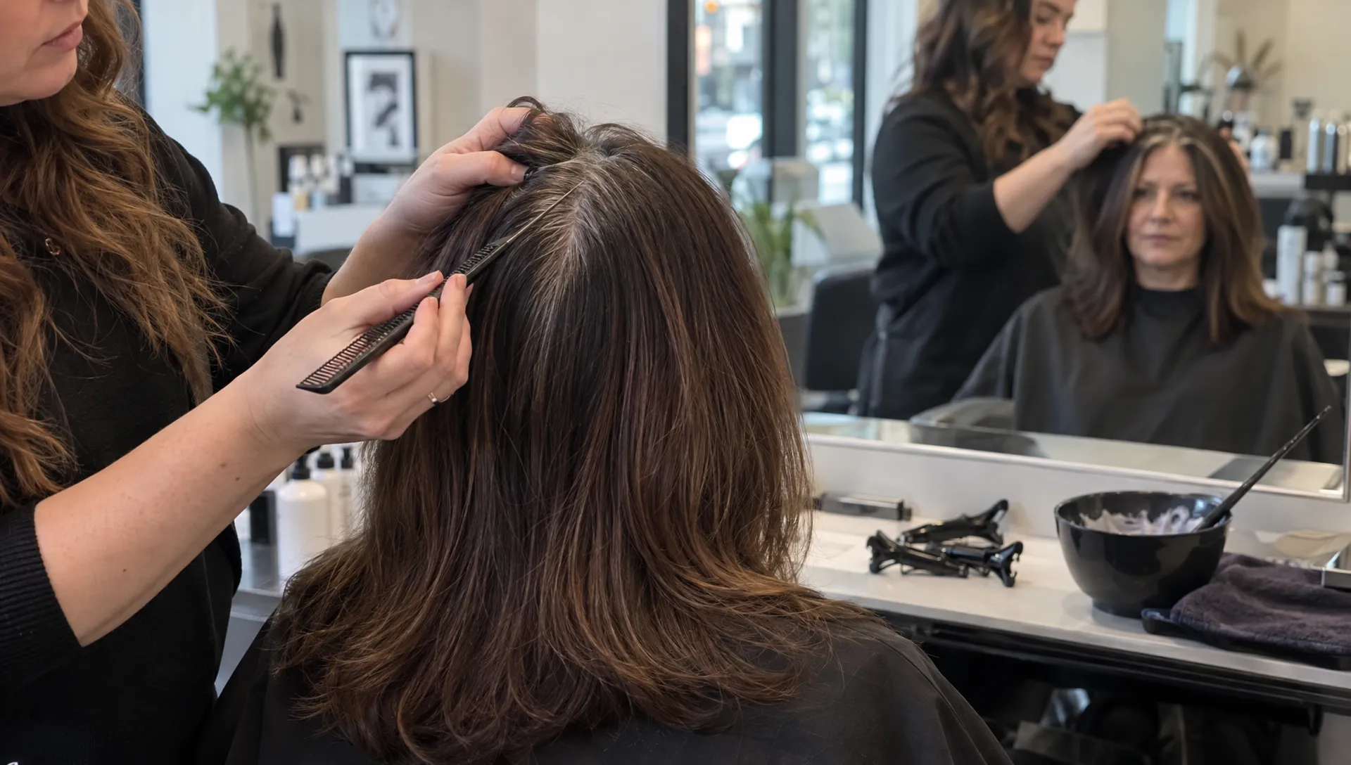 A stylist parts brunette hair to assess silver regrowth against the colored lengths before choosing a root touch up service.
