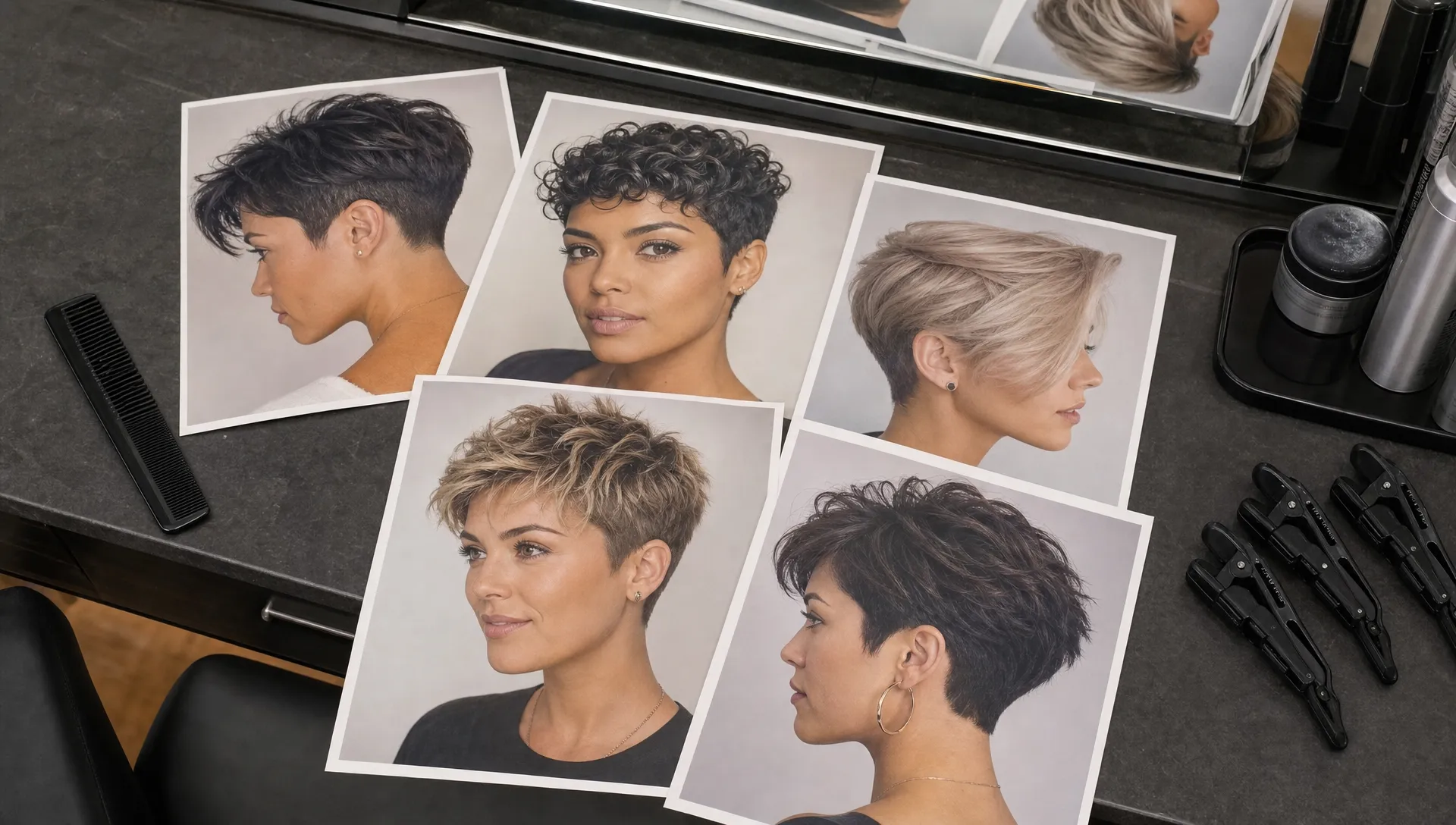 Printed pixie cut inspiration photos laid out on a salon counter, including tapered, curly, side-swept, and textured short hairstyles beside a comb and styling clips.
