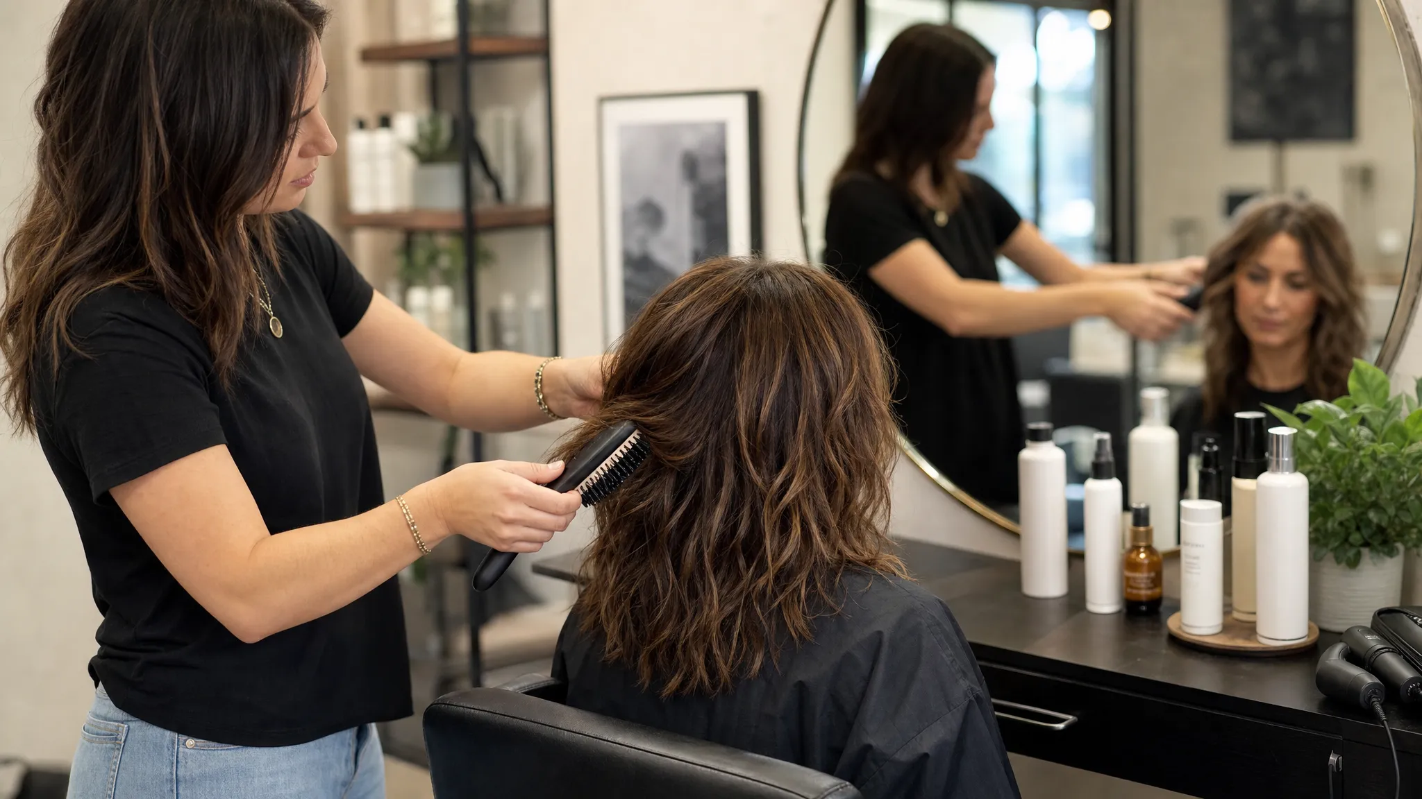 A stylist gently smooths a section of medium-length textured hair with a brush at a salon station, with professional hair products arranged on the counter and a mirror behind the chair.