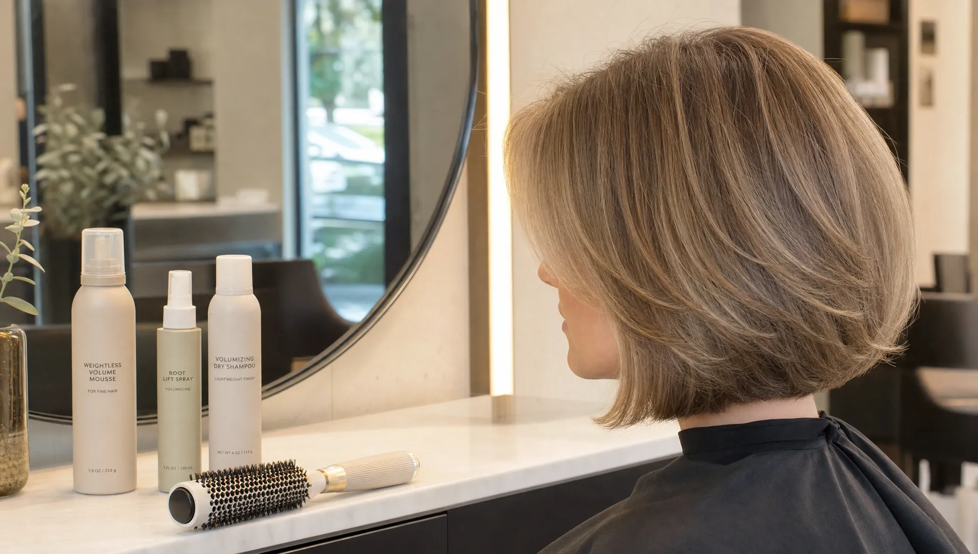 A salon styling station shows a round brush, lightweight volumizing products, and a soft layered bob with full-looking ends.