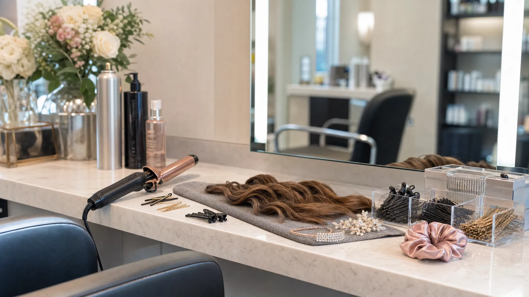 A polished salon styling station prepared for an event hair appointment, with soft curls, hair tools, clips, and elegant accessories arranged neatly on a countertop beside a large mirror.