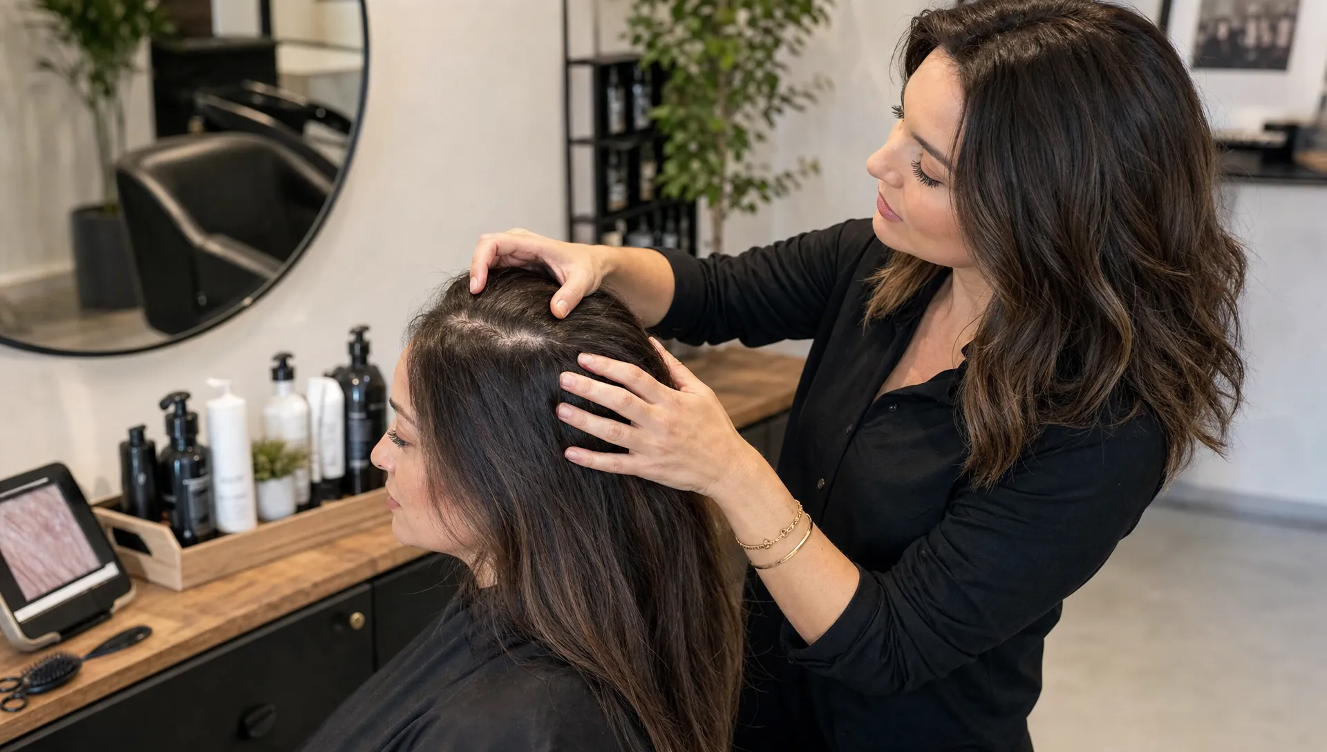 A stylist gently examines a client's scalp and hair density during a calm salon consultation, with styling tools and hair care products arranged neatly nearby.