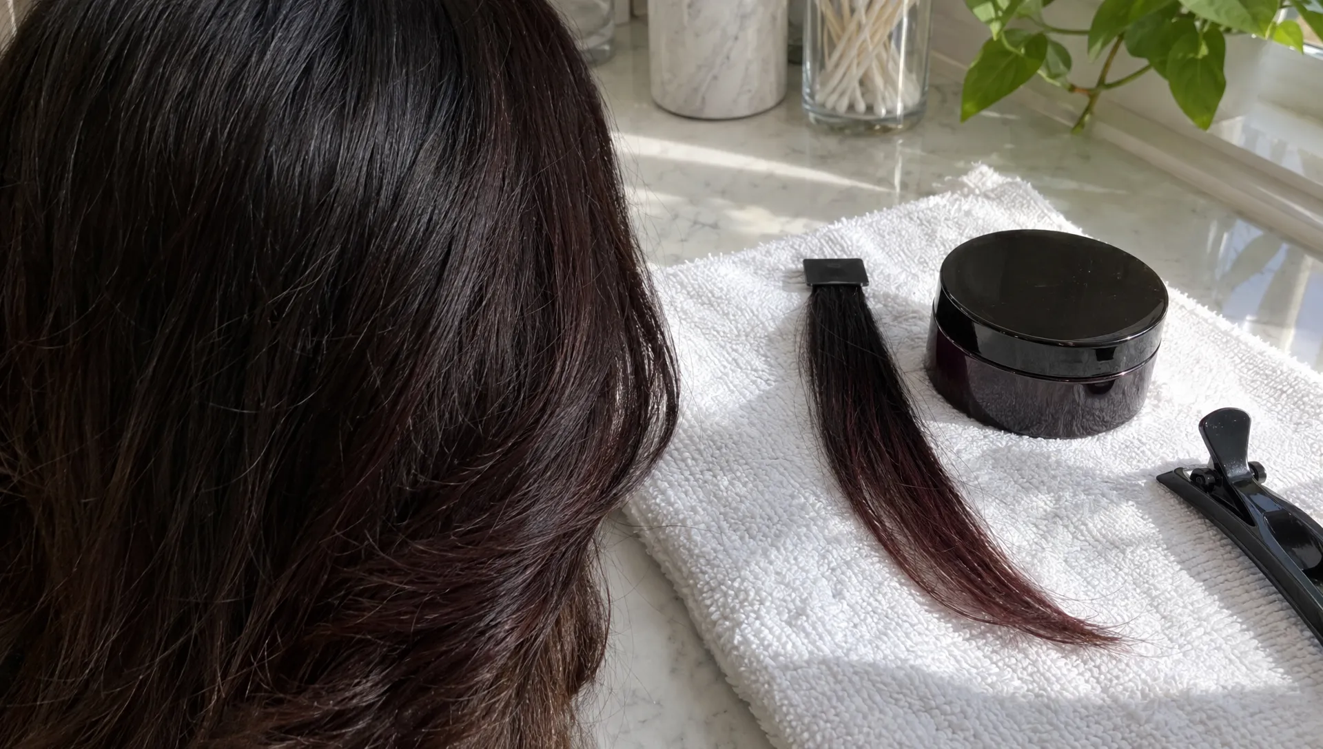 A burgundy test strand rests beside dark brown hair, showing how semi permanent hair color can catch window light.