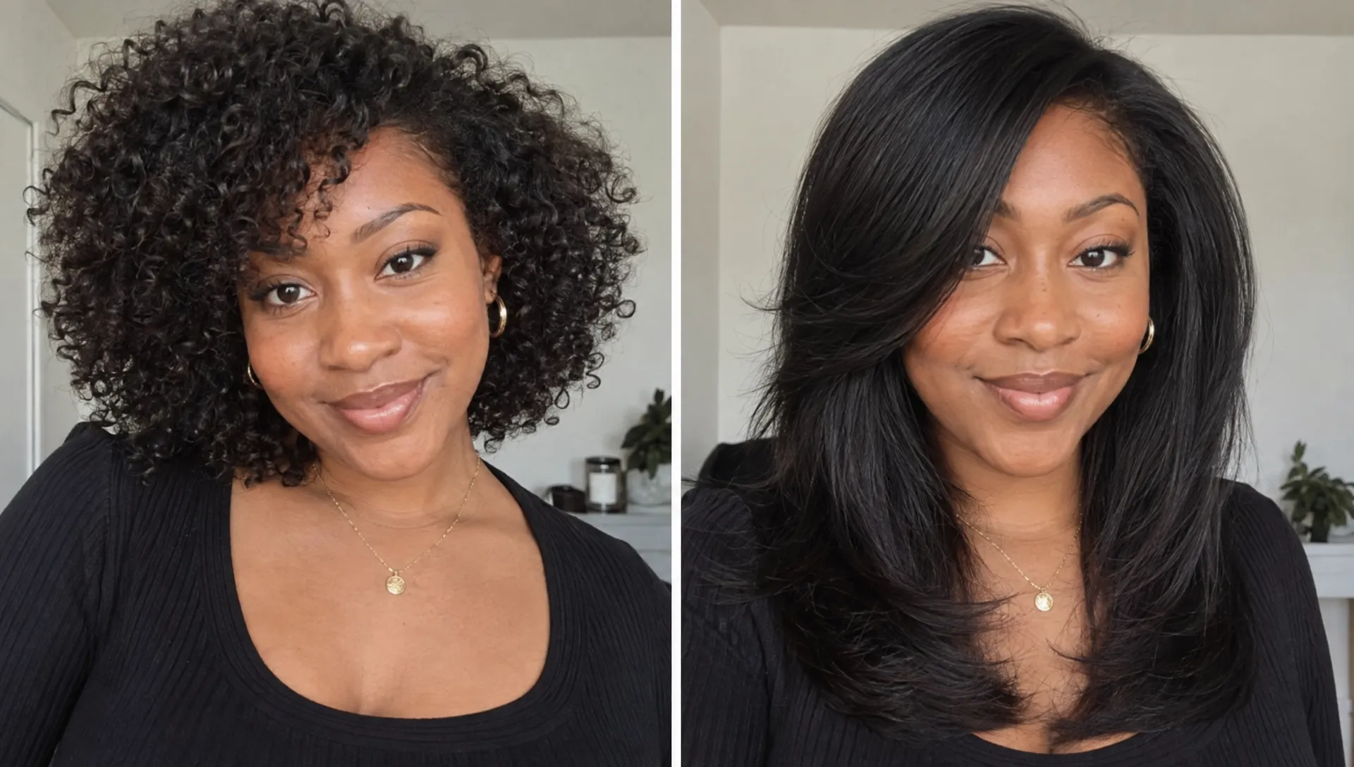 Two portraits show the same Black woman wearing a layered haircut with rounded natural curls and, in the other, smooth straightened hair with soft face-framing layers and full ends.