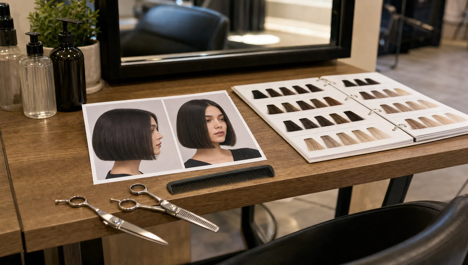 A salon station with scissors, a comb, texture swatches, and a printed inspiration photo of a sleek chin-length blunt bob laid out for a haircut consultation.