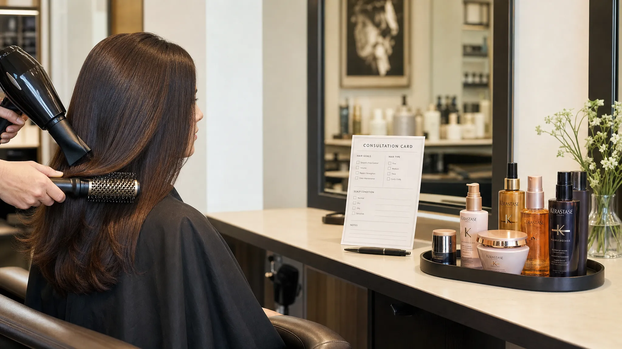 A side-angle view of a salon styling station with smooth shiny hair being blow-dried with a round brush, a consultation card, and premium hair products arranged on the counter.