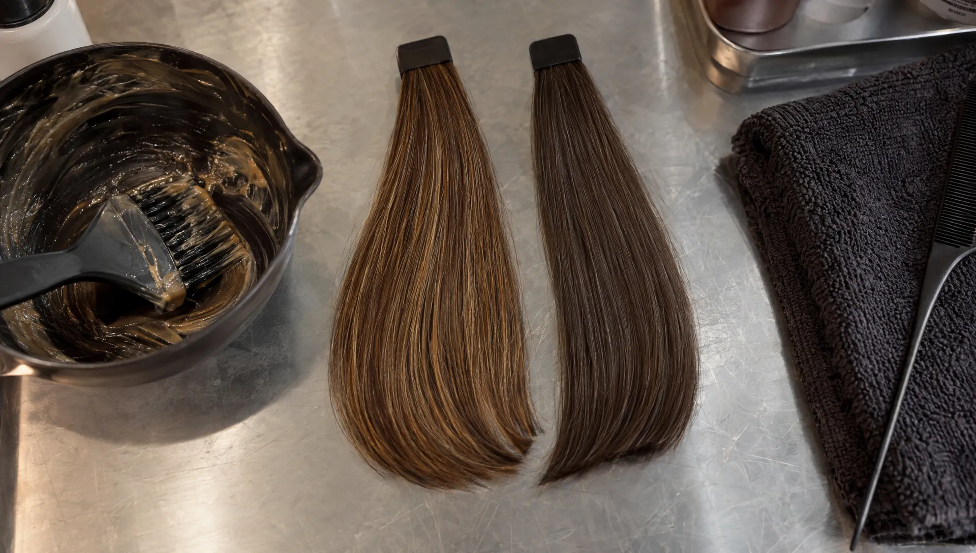 Two glossy brunette swatches show how clear hair gloss preserves golden warmth while a tinted finish creates a more neutral brown.