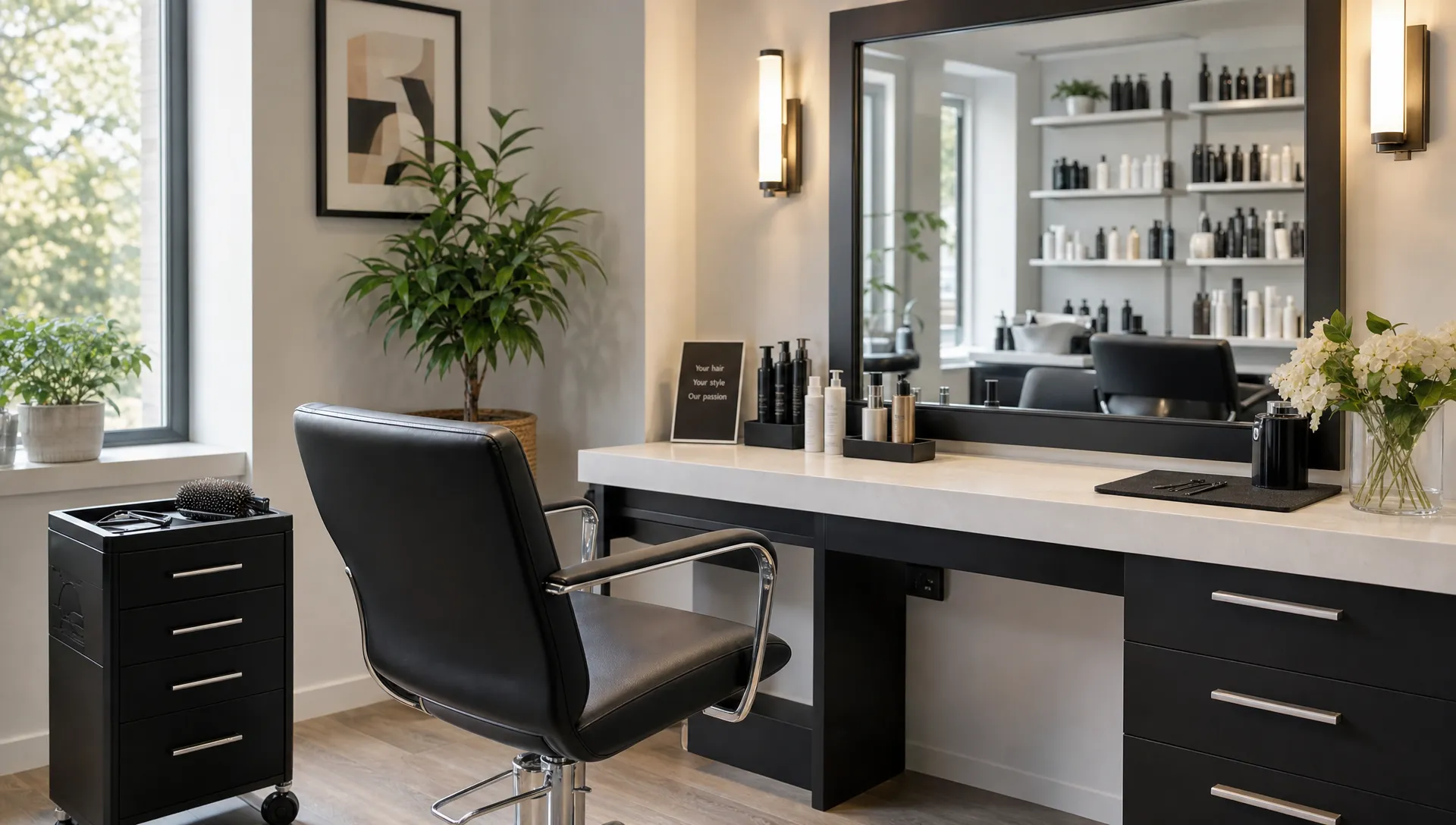 A modern hair salon station prepared for a Sunday appointment, with a styling chair, clean tools, premium hair products, and a polished mirror setup ready for a client consultation, shown from a slight side angle with the chair turned toward the mirror.