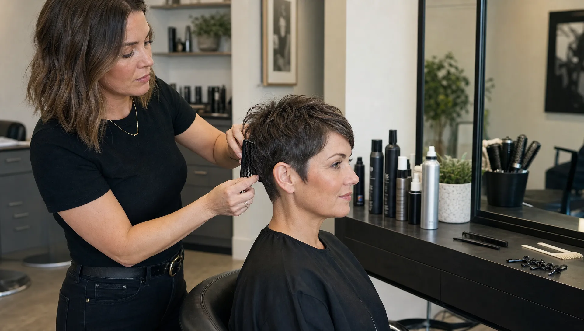 A stylist carefully refining the sides and neckline of a textured pixie cut while the client sits in a salon chair, with a mirror, combs, clips, and hair products arranged neatly on the station beside them.