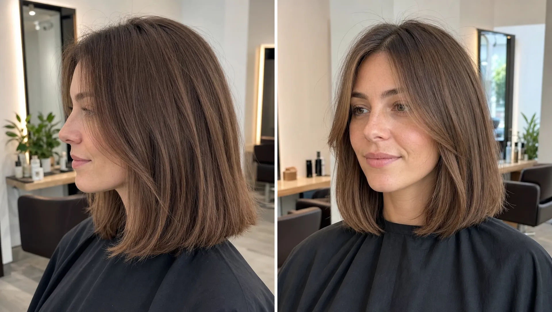 Shoulder-length thin hair on a salon cape is shaped into a softly layered lob with full ends and gentle face-framing pieces.