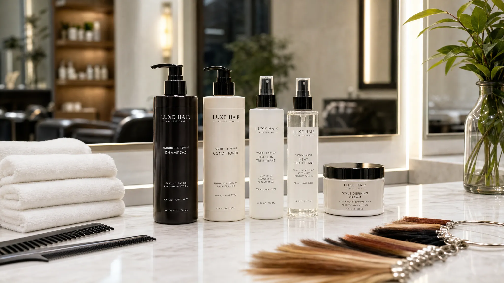 A luxury salon vanity with professional shampoo, conditioner, leave-in treatment, heat protectant, and styling cream arranged on a clean counter beside a mirror, with folded towels, combs, and hair sample swatches nearby.