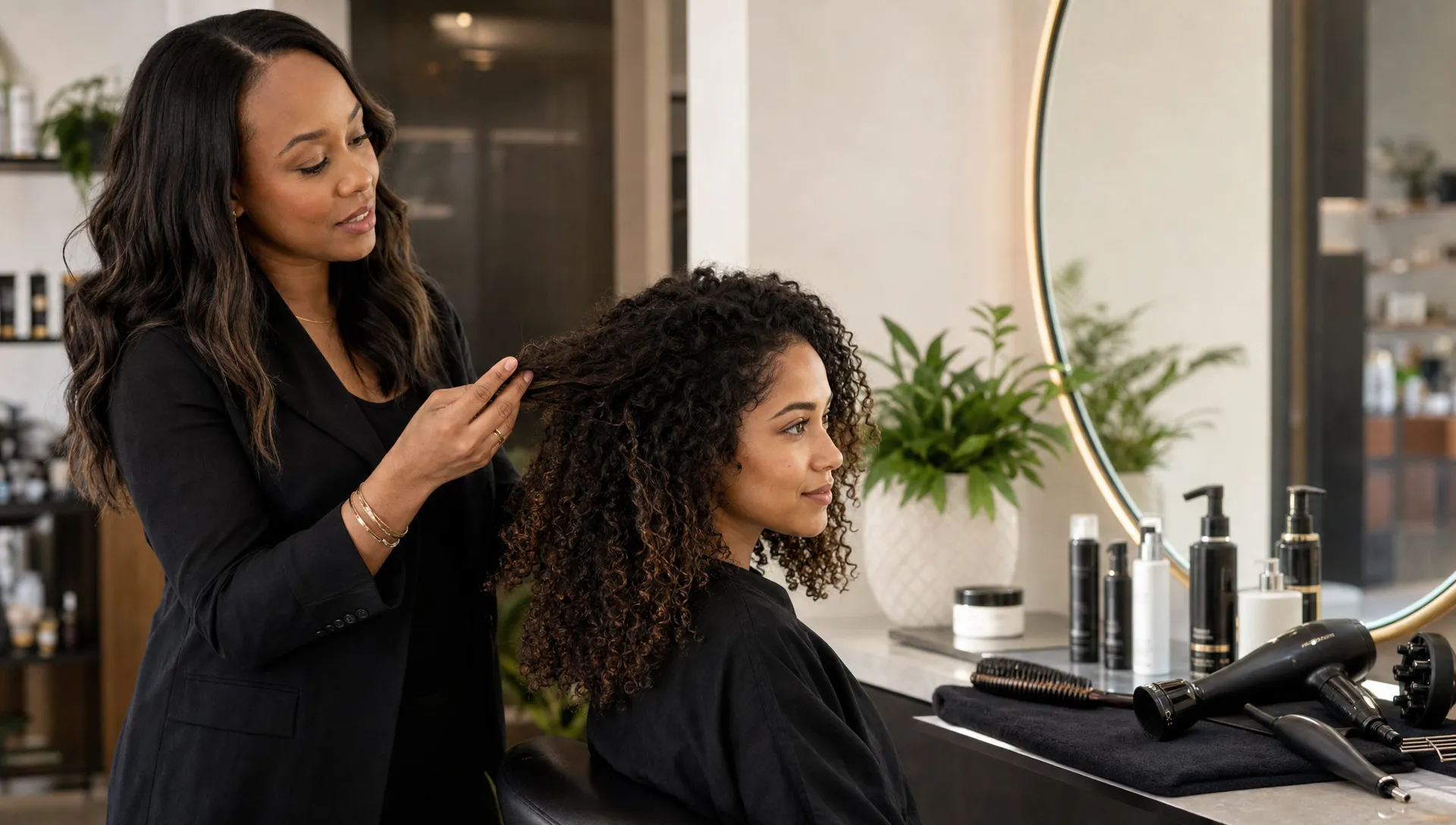 A professional stylist gently examines a client's textured hair during a calm salon consultation, with styling tools and premium hair products arranged neatly nearby.