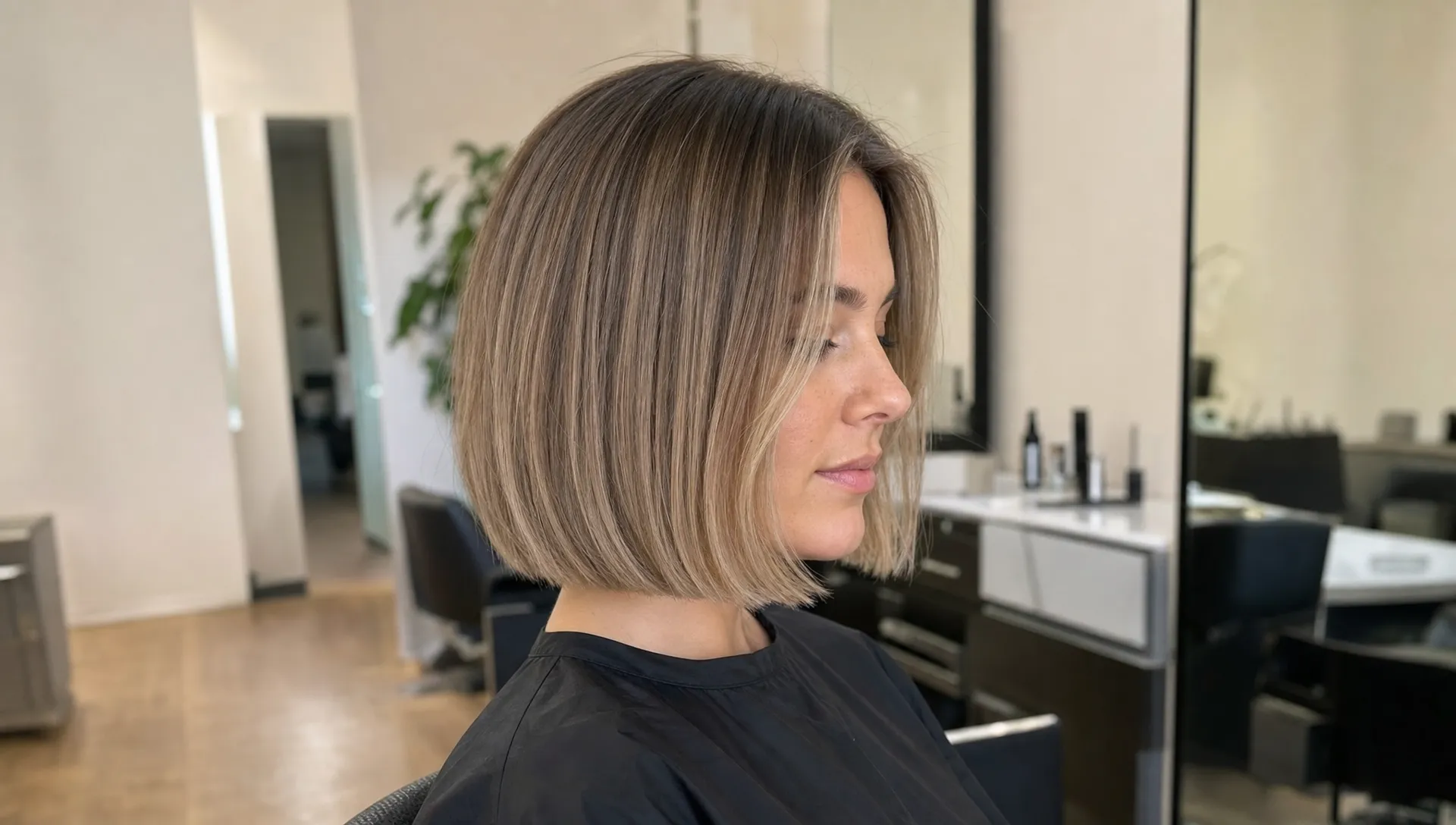 A blunt cut bob in a salon chair with lifted roots, smooth ends and a clean line just below the chin.