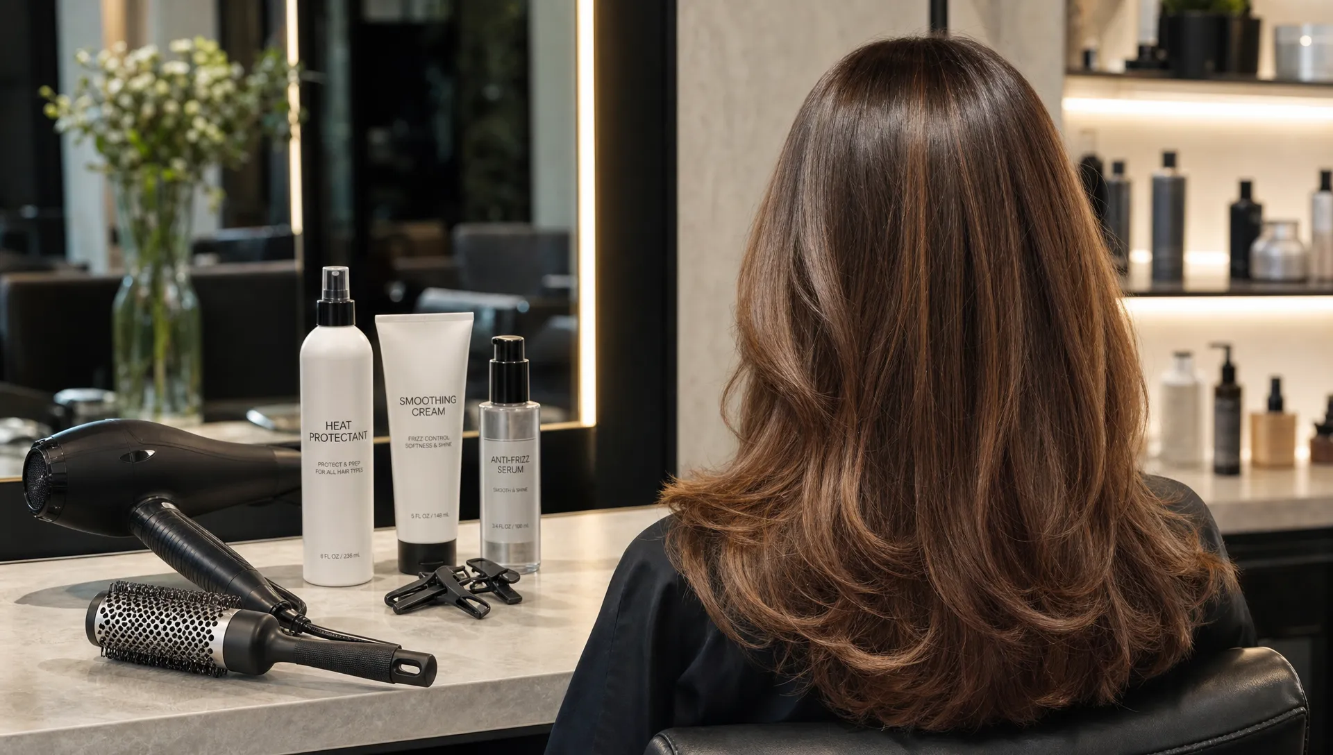 A salon styling station with a round brush, blow dryer, heat protectant, clips, and smoothing products arranged neatly beside a finished blowout with soft volume and shine.