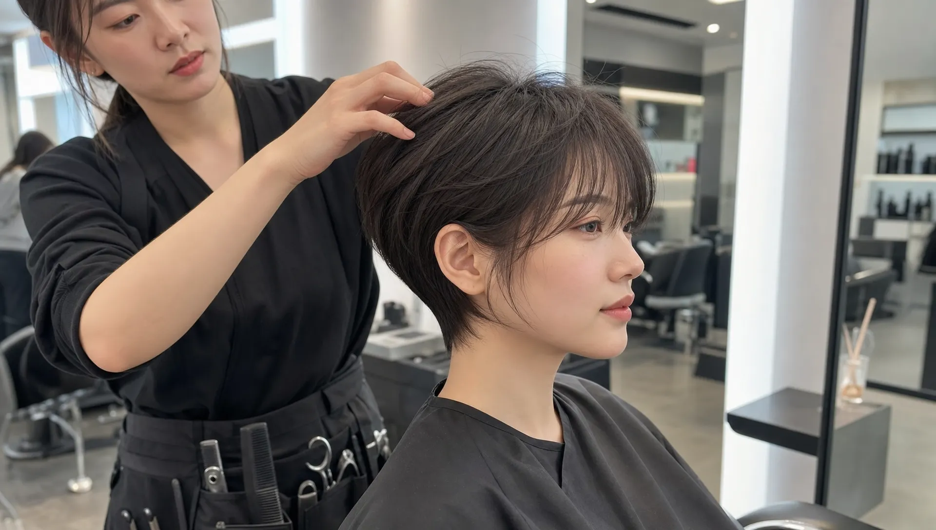 A stylist shapes a soft Korean pixie cut with airy fringe, delicate side pieces and a clean tapered neckline in a modern salon.