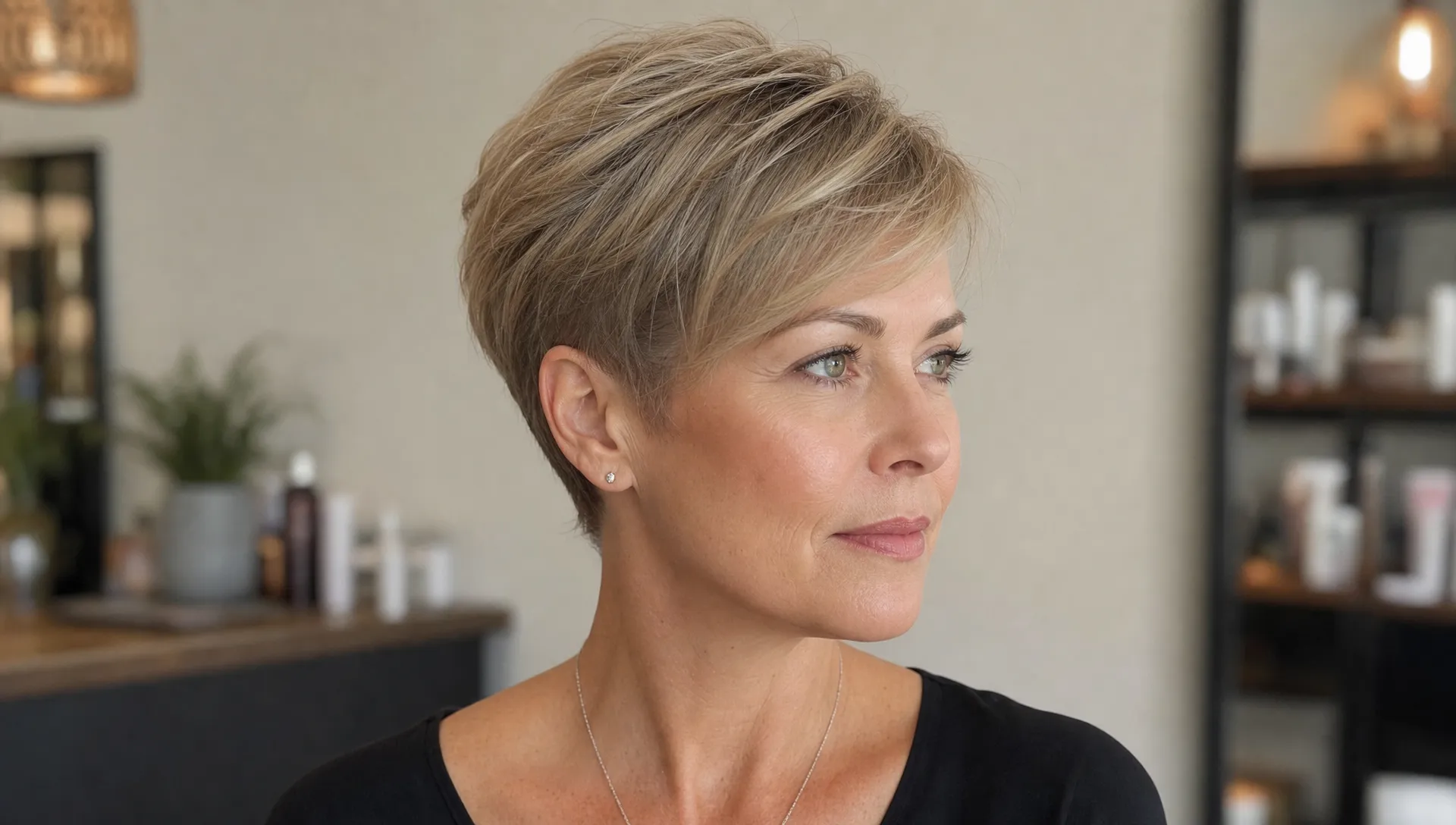 A woman with fine hair wears a soft side-swept pixie cut with lifted crown volume and clean tapered sides.