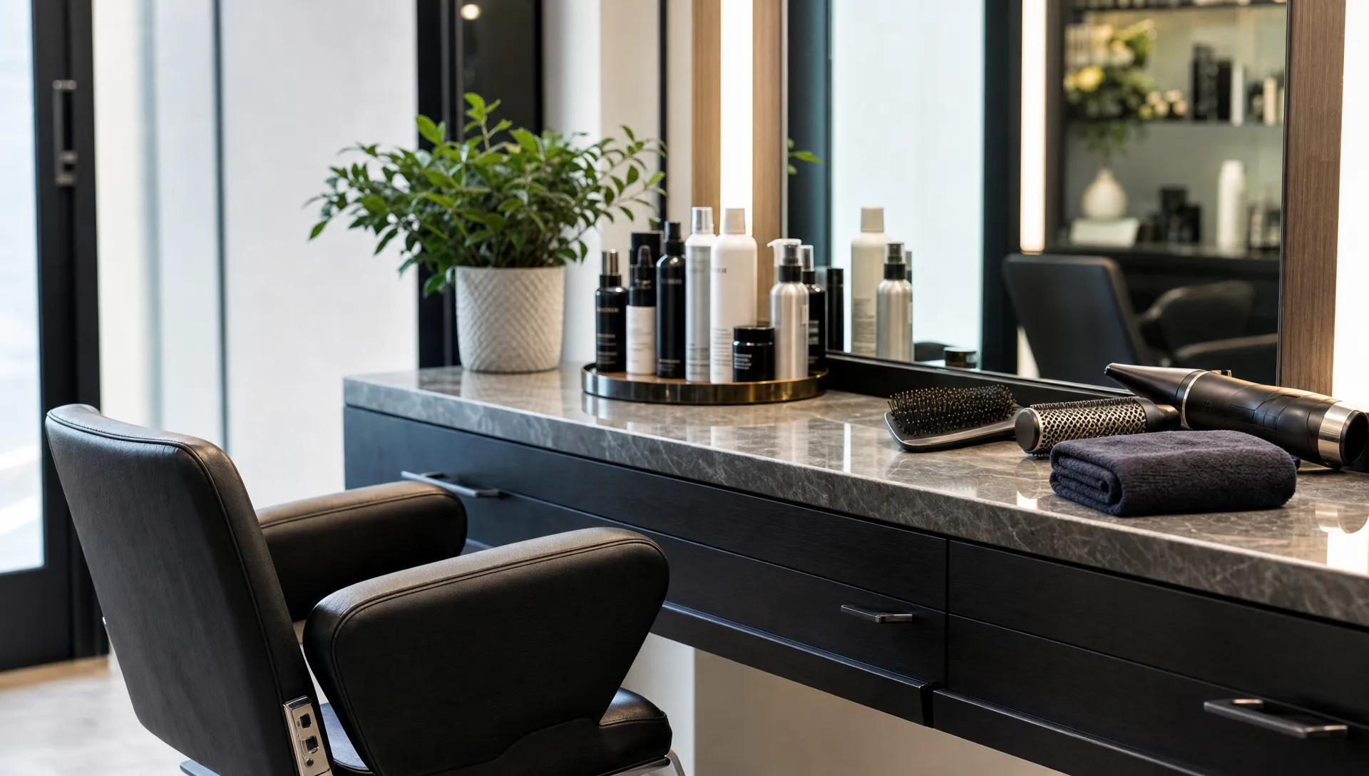 A salon styling station with a chair, textured hair tools, premium products, and a folded towel prepared for a personalized appointment.