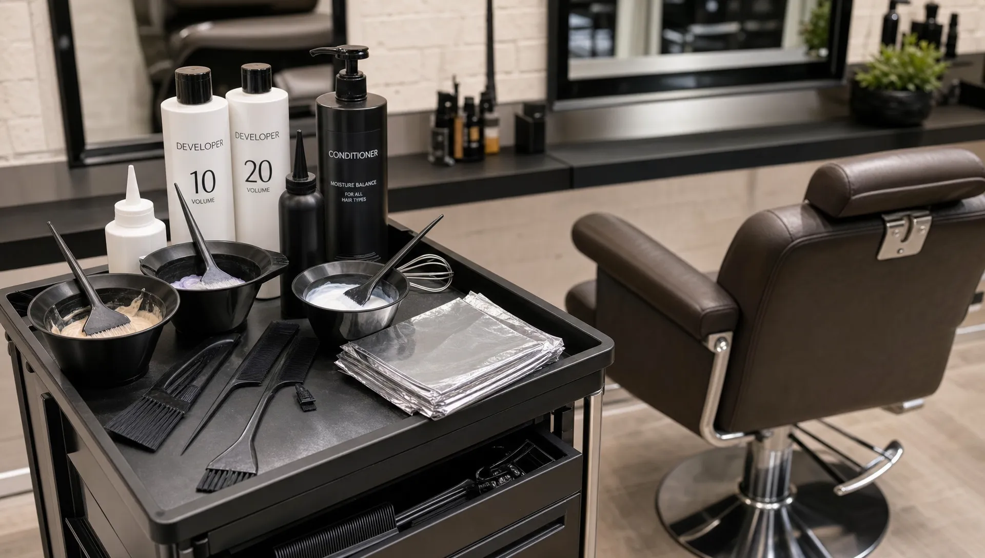 A neatly arranged workstation with brushes, color bowls, foils, and conditioning products beside a salon chair, showing the tools that influence hair salon pricing.