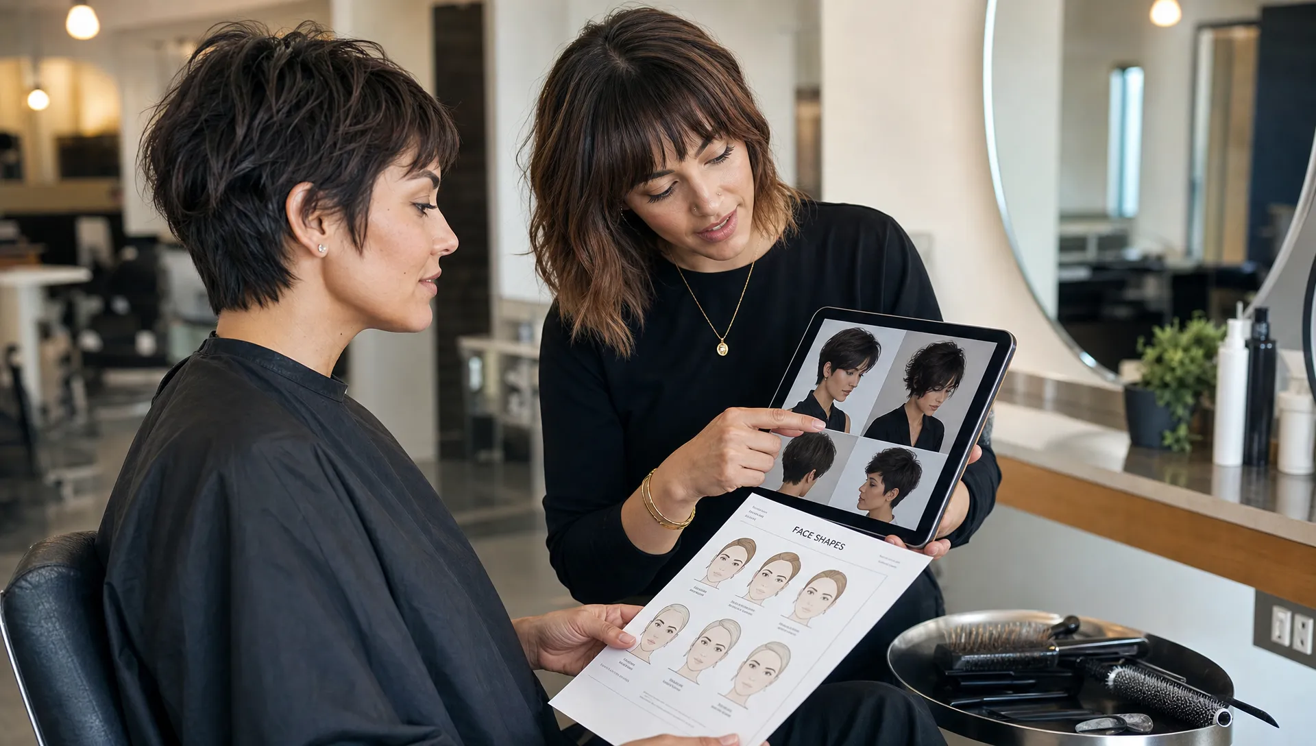 A stylist and client review short haircut inspiration photos, tools, and face shape notes at a salon chair.