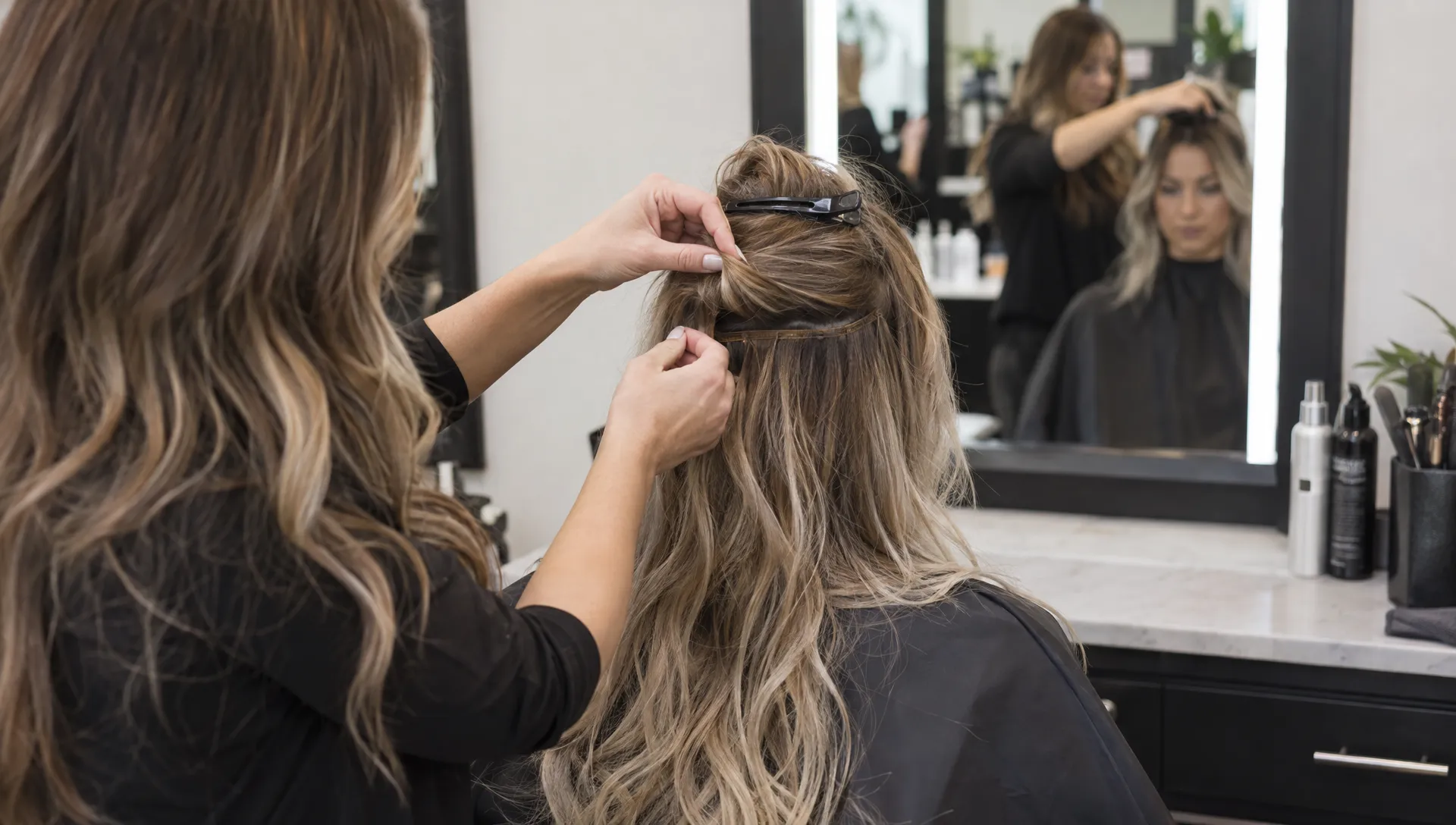 A stylist checks the concealed attachment row beneath a client’s dry hair during invisible bead extensions maintenance.