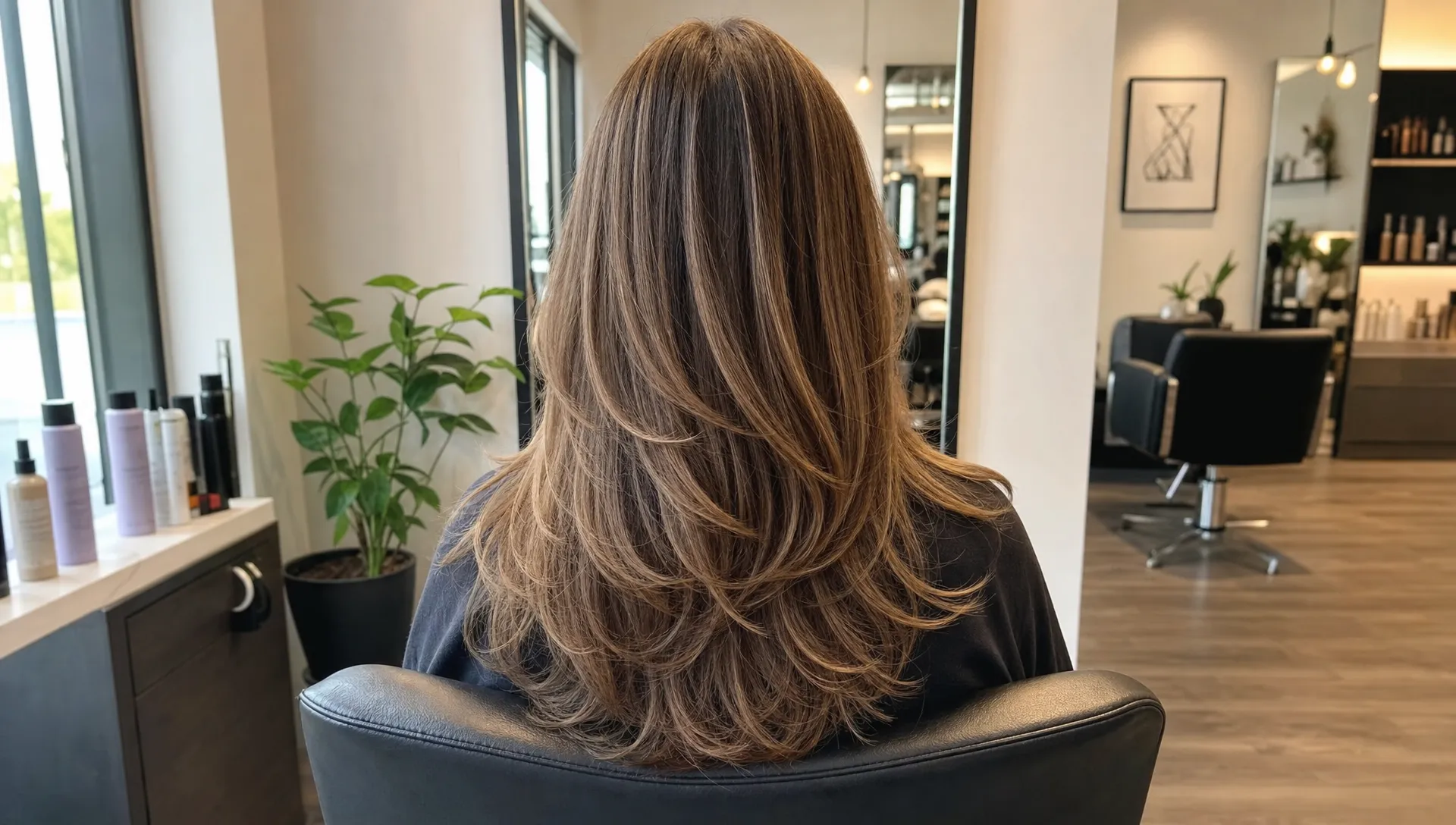 The back of a salon chair with freshly cut layered hair visible from behind, showing soft movement through long waves and face-framing pieces resting around the shoulders.
