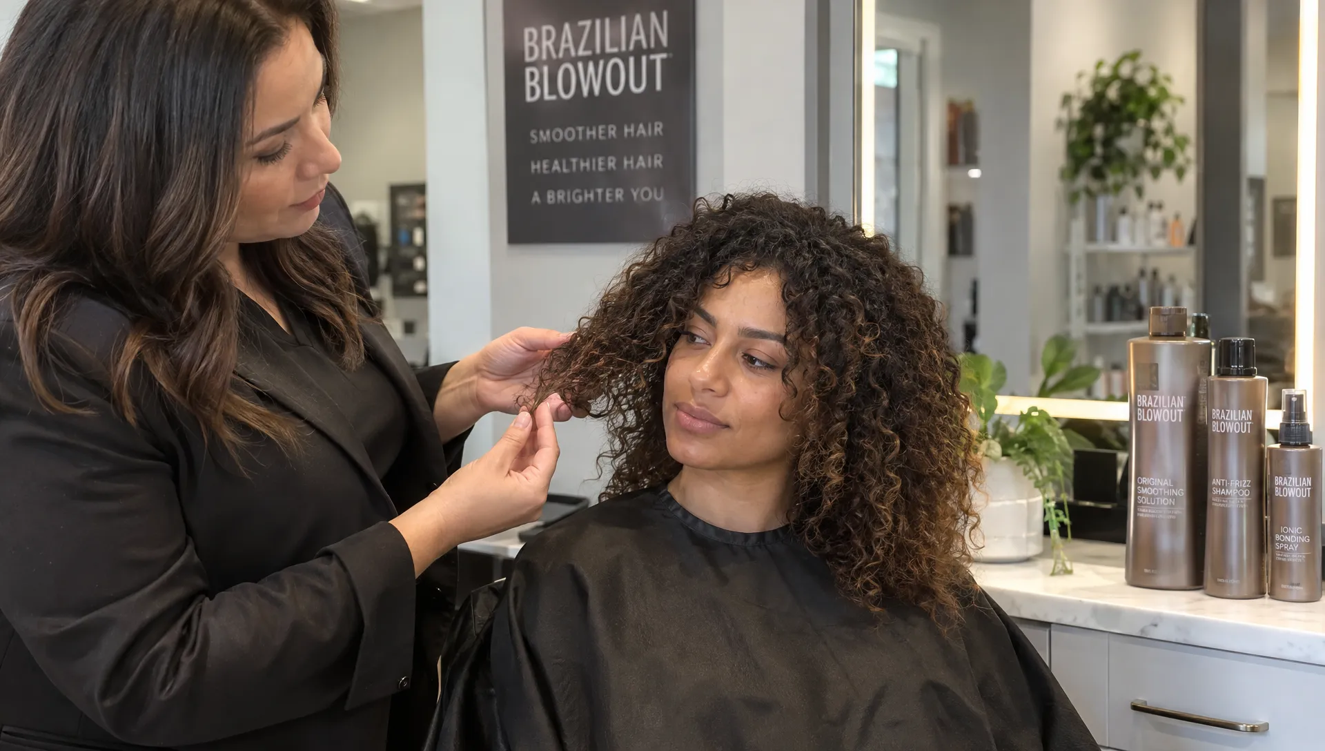A stylist gently examines a client’s natural curls and ends during a salon consultation about a Brazilian Blowout, with labeled hair products on the counter.