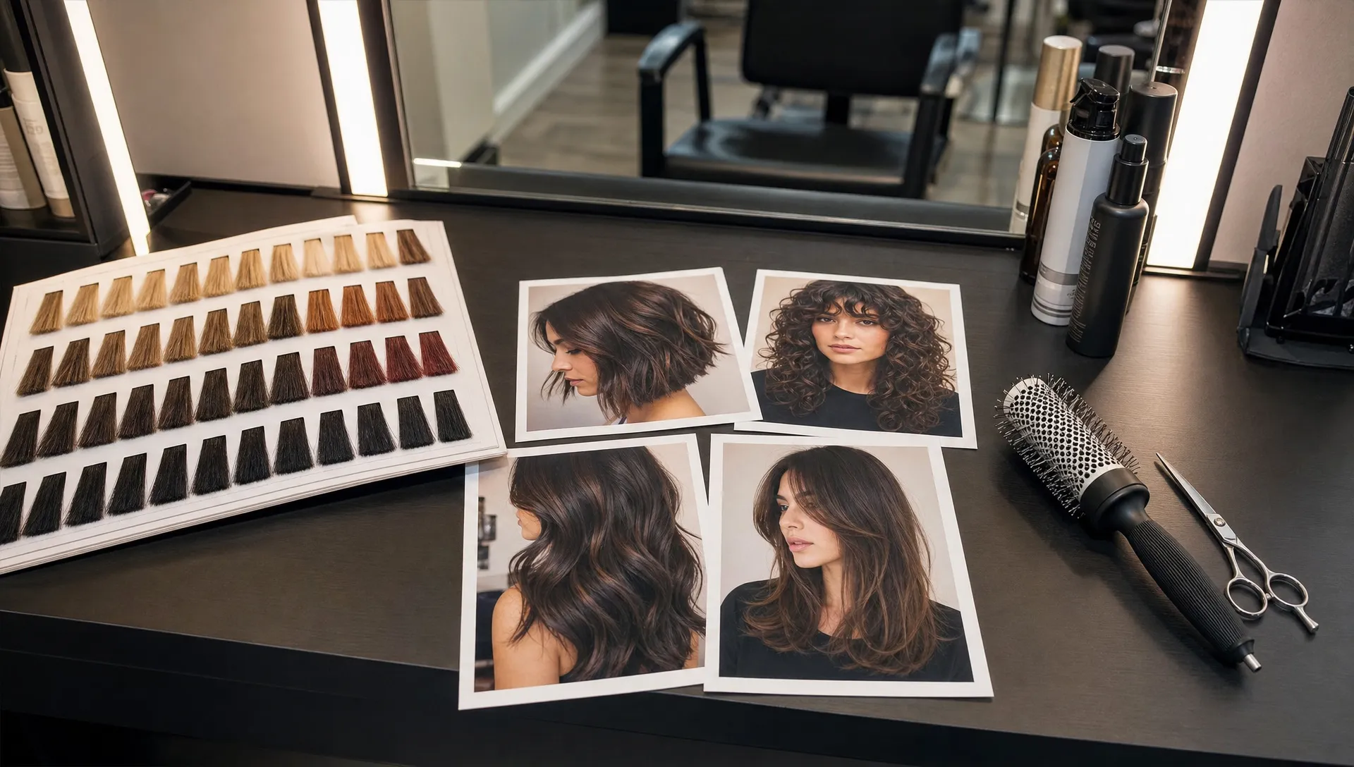 A salon styling station with color swatches, a round brush, shears, and inspiration photos for bobs, curls, glossy brunette color, and soft face-framing layers.