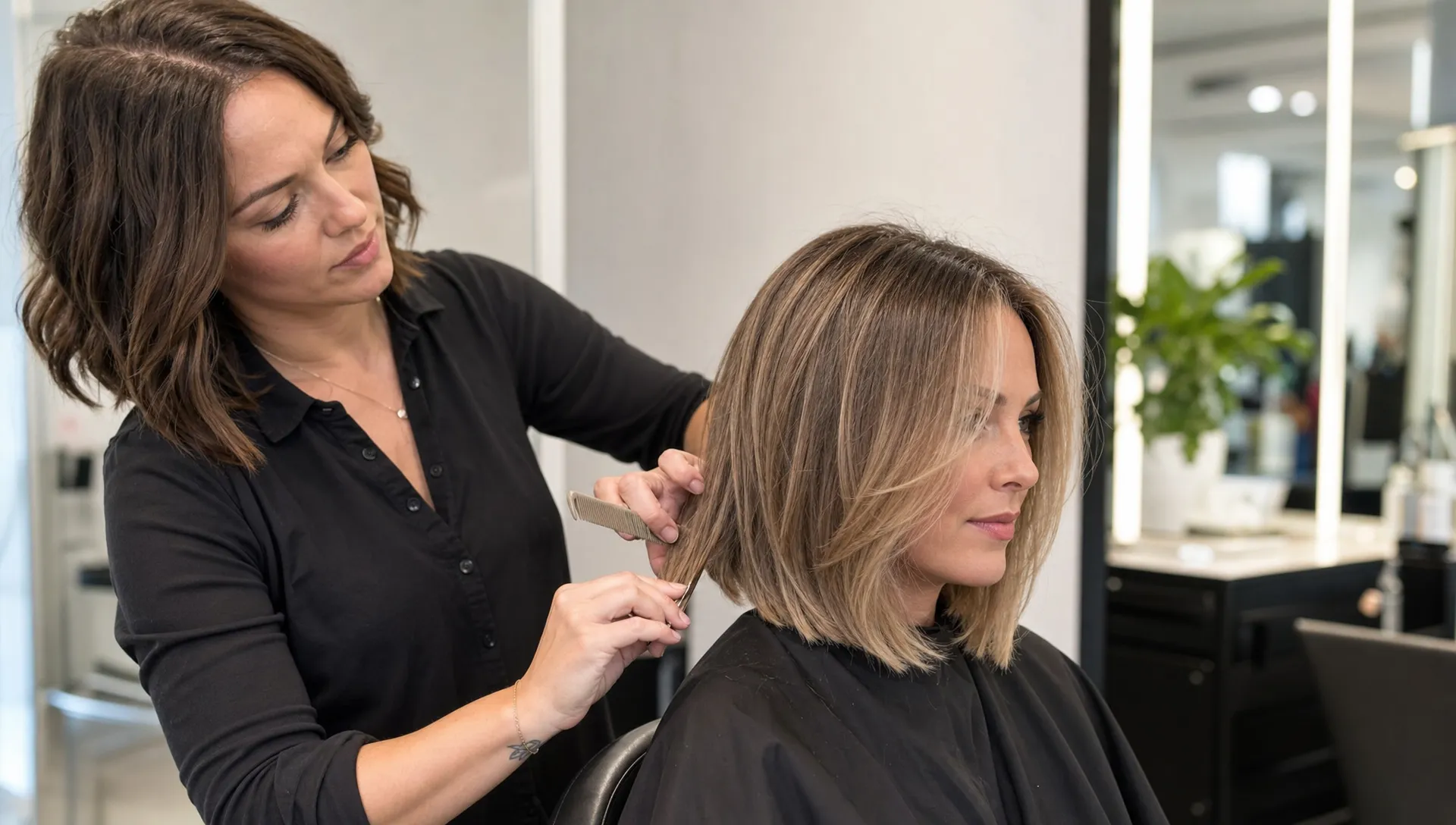 A stylist shapes a shoulder-length bob on a woman with fine hair, with soft face-framing pieces and a fuller beveled perimeter.